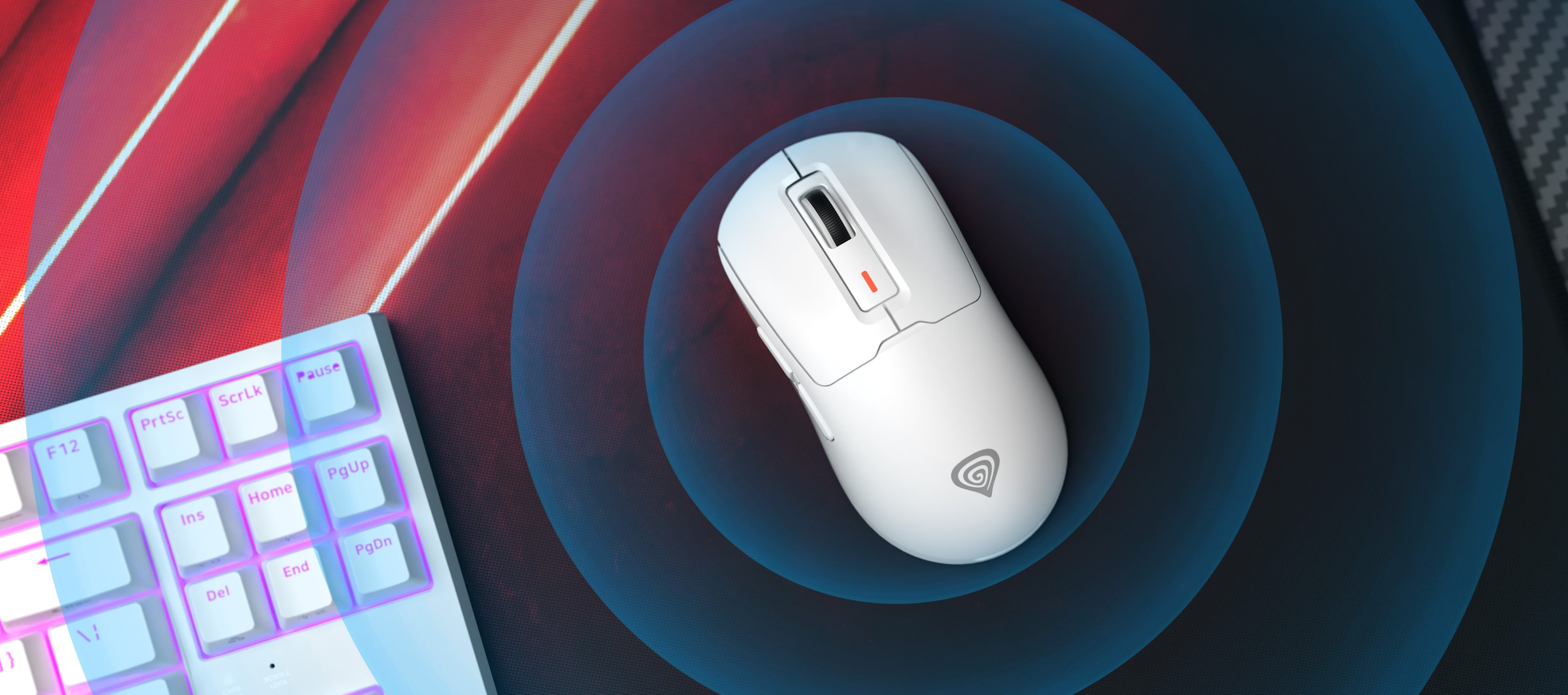 Kabellose Genesis Zircon 660 Pro Gaming-Maus in Weiß, mit schlankem Design und hoher Präzision bis zu 26.000 DPI, auf einem lebendigen Gaming-Mousepad