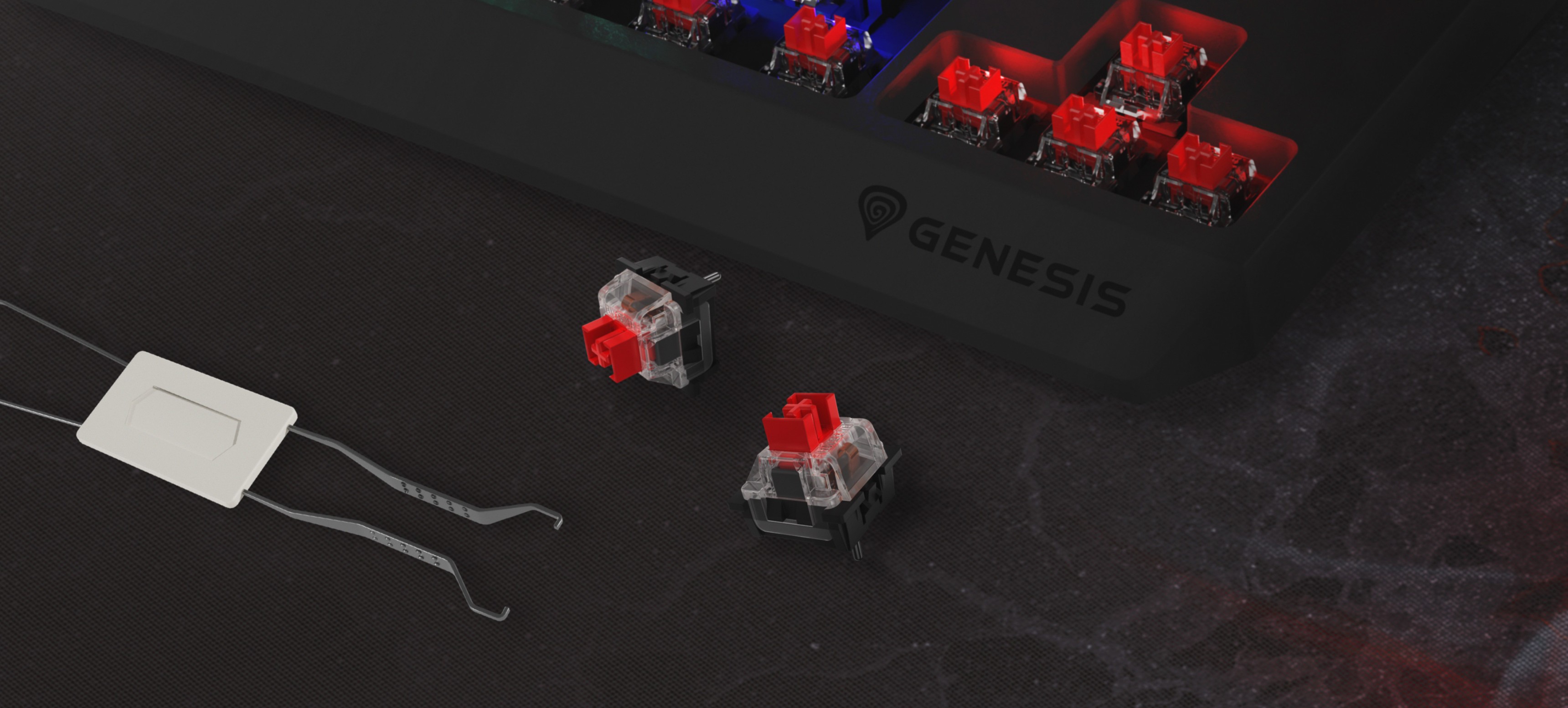 Nahaufnahme der Genesis Thor 230 TKL Lite Gaming-Tastatur mit roten mechanischen Outemu-Schaltern und einem Schalterabziehwerkzeug