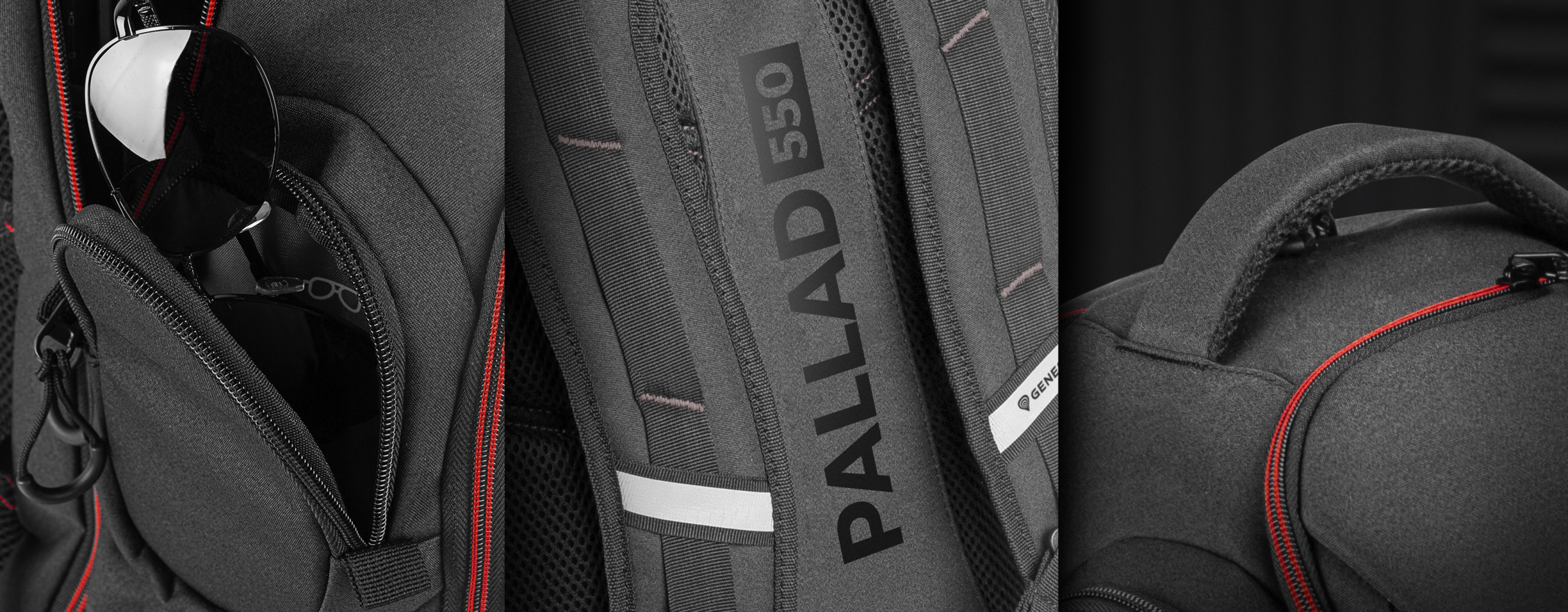 Nahaufnahme des Genesis Pallad 550 Laptop-Rucksacks mit dem Logo, der Seitentasche und den Reißverschlussdetails in Schwarz und Rot