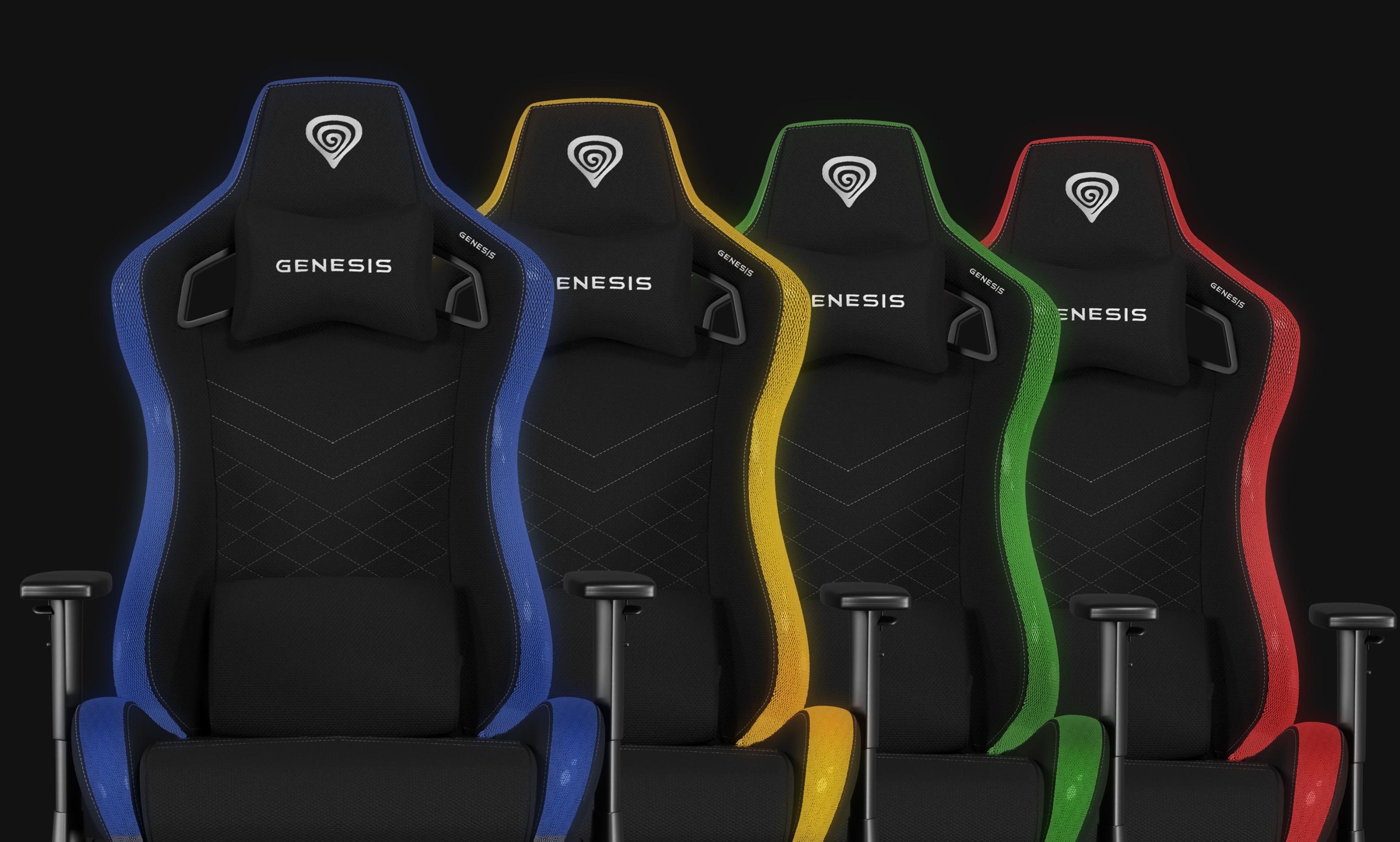 Vier Genesis Trit 660 RGB Gaming Stühle in verschiedenen Farben: blau, gelb, grün und rot, die ein ergonomisches Design aufweisen
