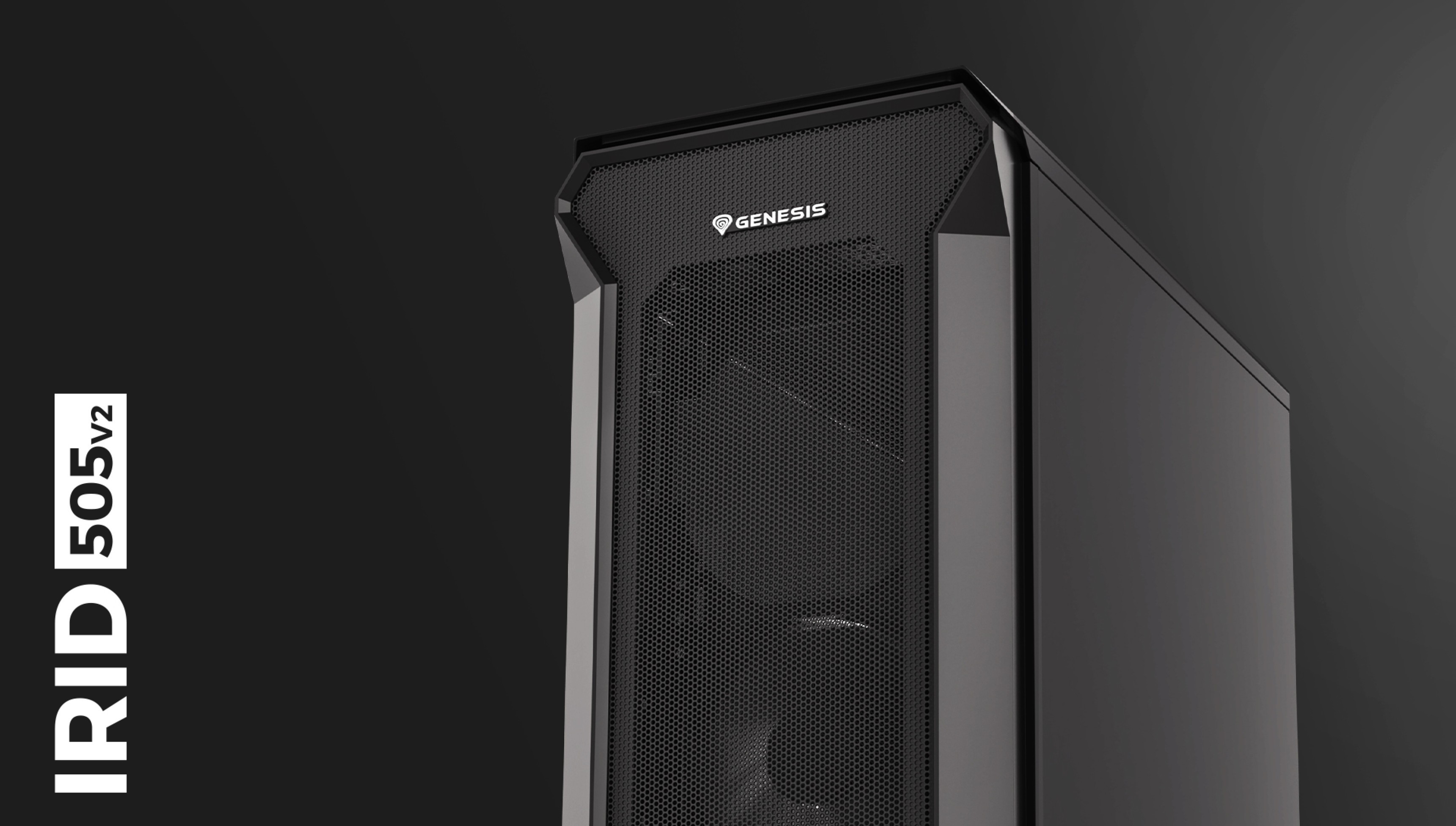 Schwarzes Genesis IRID 505 V2 MIDI-Tower-Gehäuse mit Mesh-Frontplatte und Fenster