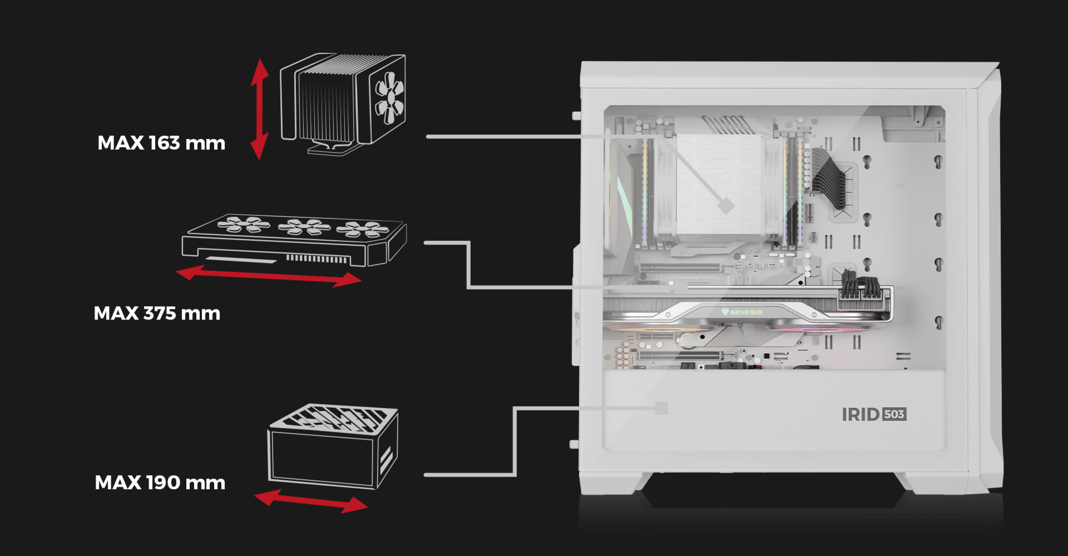 Weißes Genesis IRID 503 ARGB Lite MATX Mini-Tower-Gehäuse mit transparenter Seitenwand und skizzierten Abmessungen für Komponenten