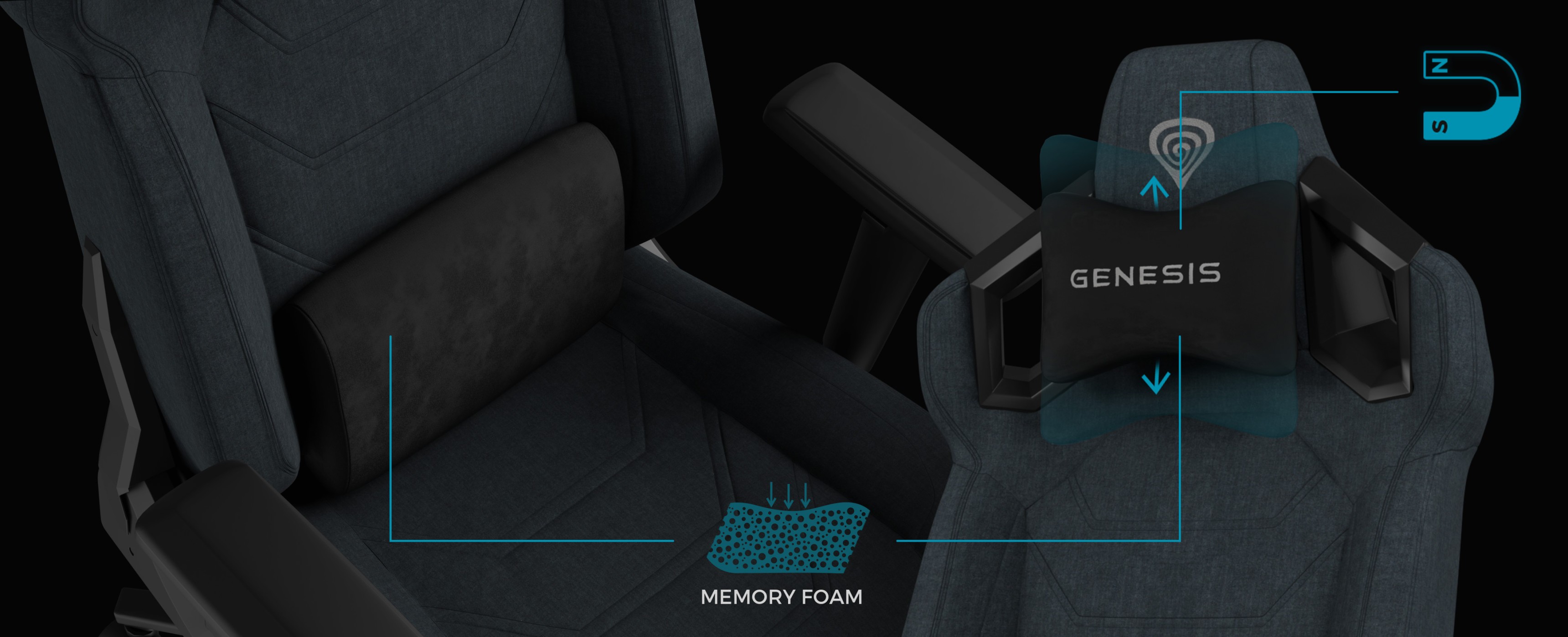 Grauer Genesis Nitro 800 Gaming-Stuhl mit Memory-Schaumstoff-Unterstützung, verstellbaren Armlehnen und ergonomischen Designelementen