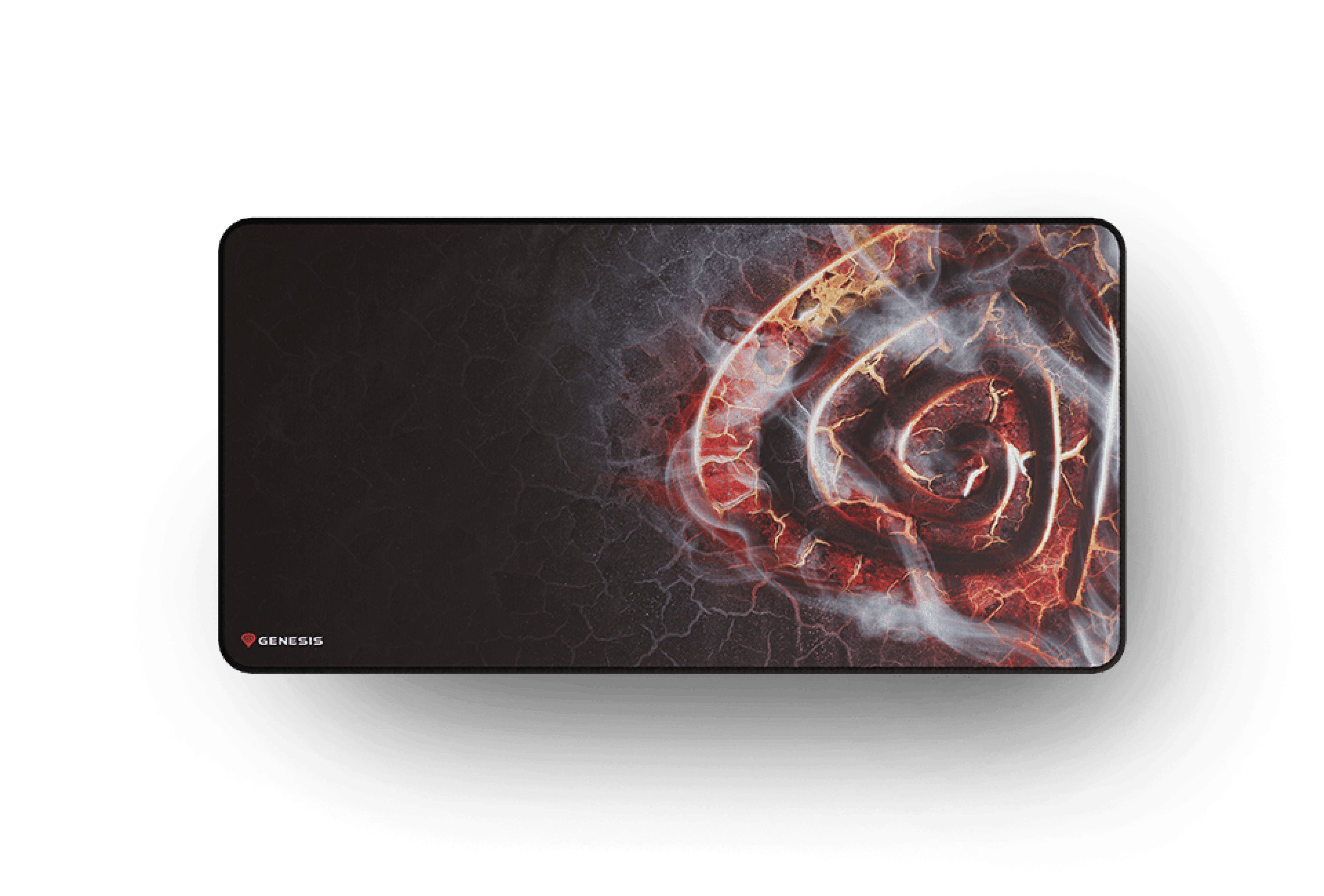 Großes Gaming-Mauspad mit feurigem Spiraldesign in Rot und Schwarz, 900x450 mm groß