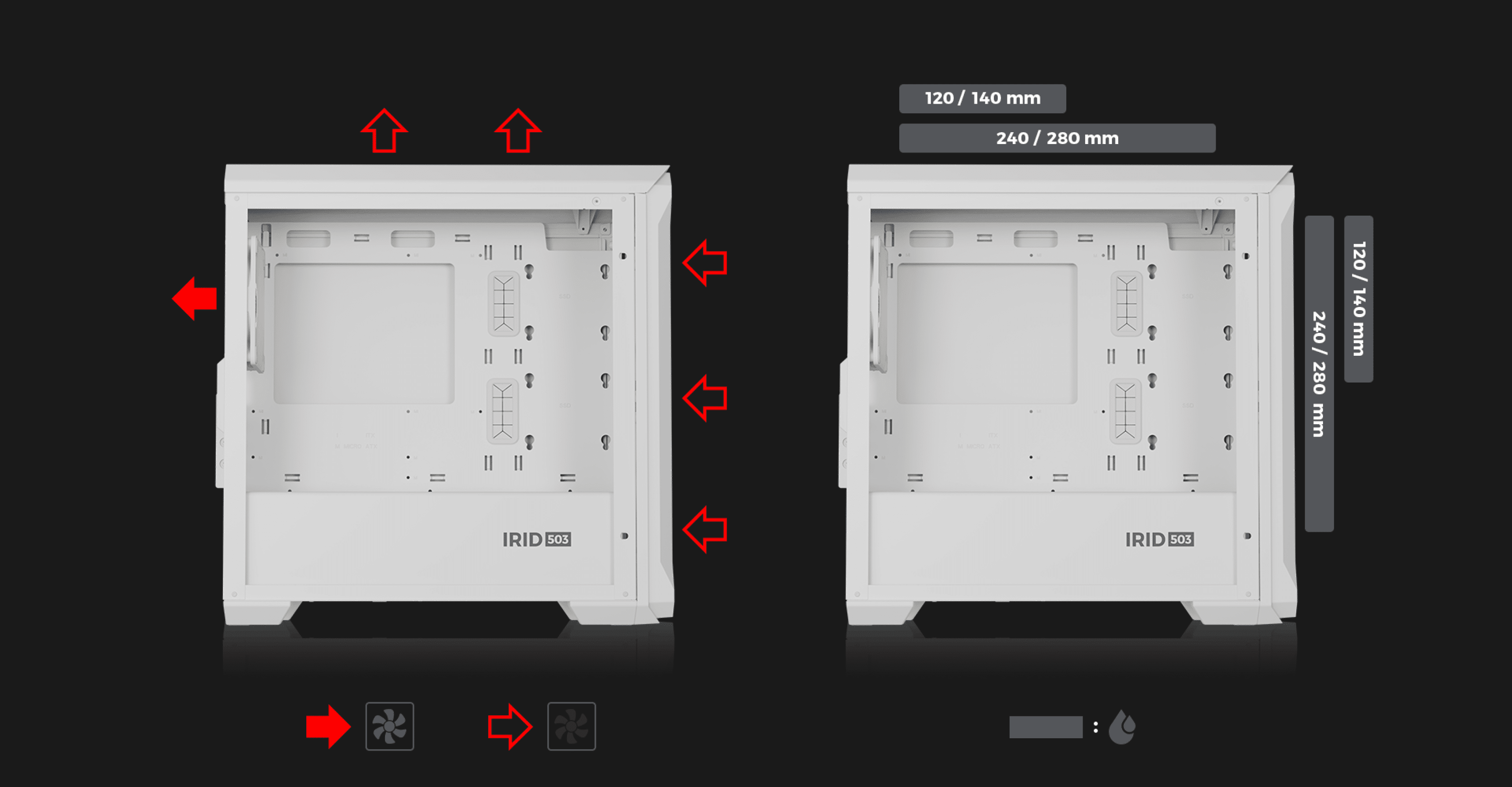 Weißes MATX Mini-Tower-Gehäuse mit transparenter Seitenwand, die die Montagemöglichkeiten für Lüfter und die Spezifikationen für Kühlkomponenten zeigt