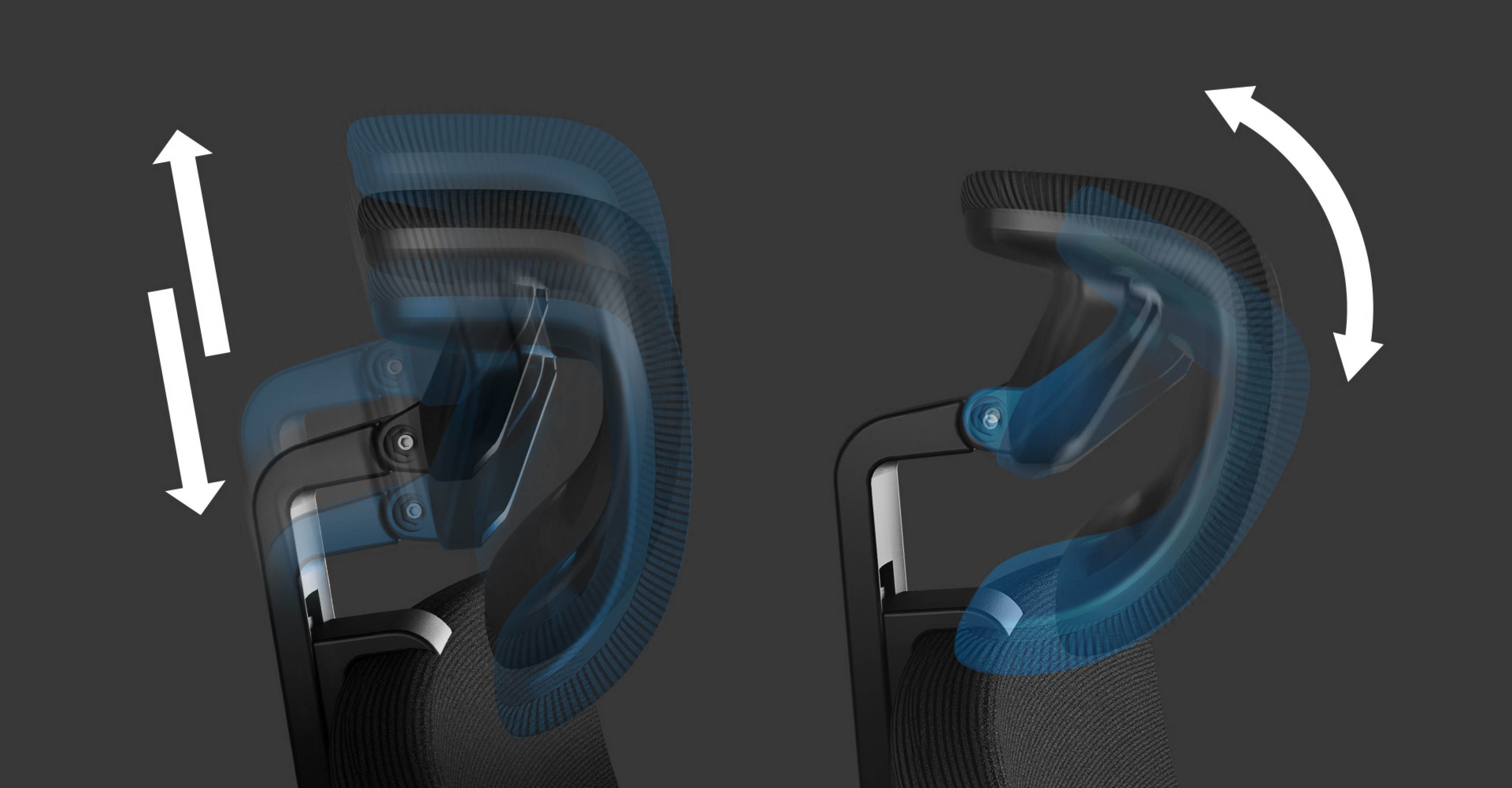 Ergonomischer Stuhl Genesis Astat 700 G2 in Schwarz mit verstellbarer Kopfstütze und Rückenlehne, dargestellt durch Pfeile