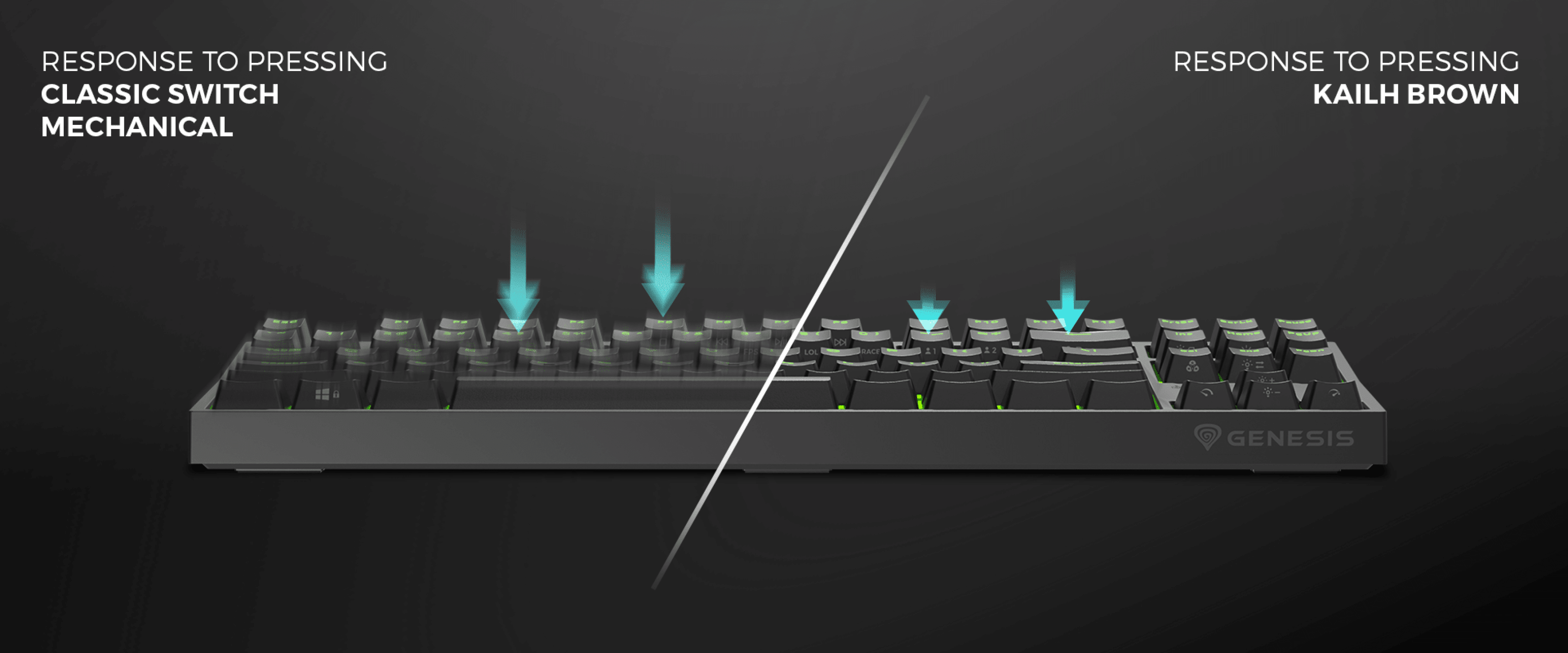Seitenansicht einer mechanischen Tastatur, die das Ansprechverhalten von klassischen mechanischen Schaltern und Kailh Brown-Schaltern mit RGB-Beleuchtung zeigt