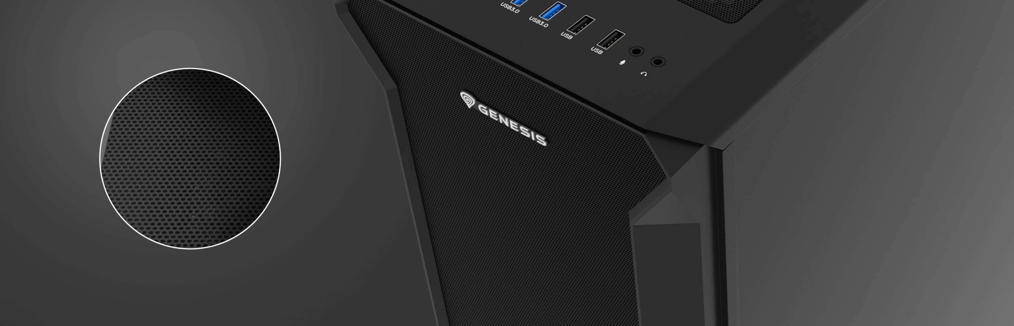 Schwarzes Genesis Irid 505F MIDI-Tower-Gehäuse mit transparentem Fenster und mehreren Anschlüssen an der Vorderseite