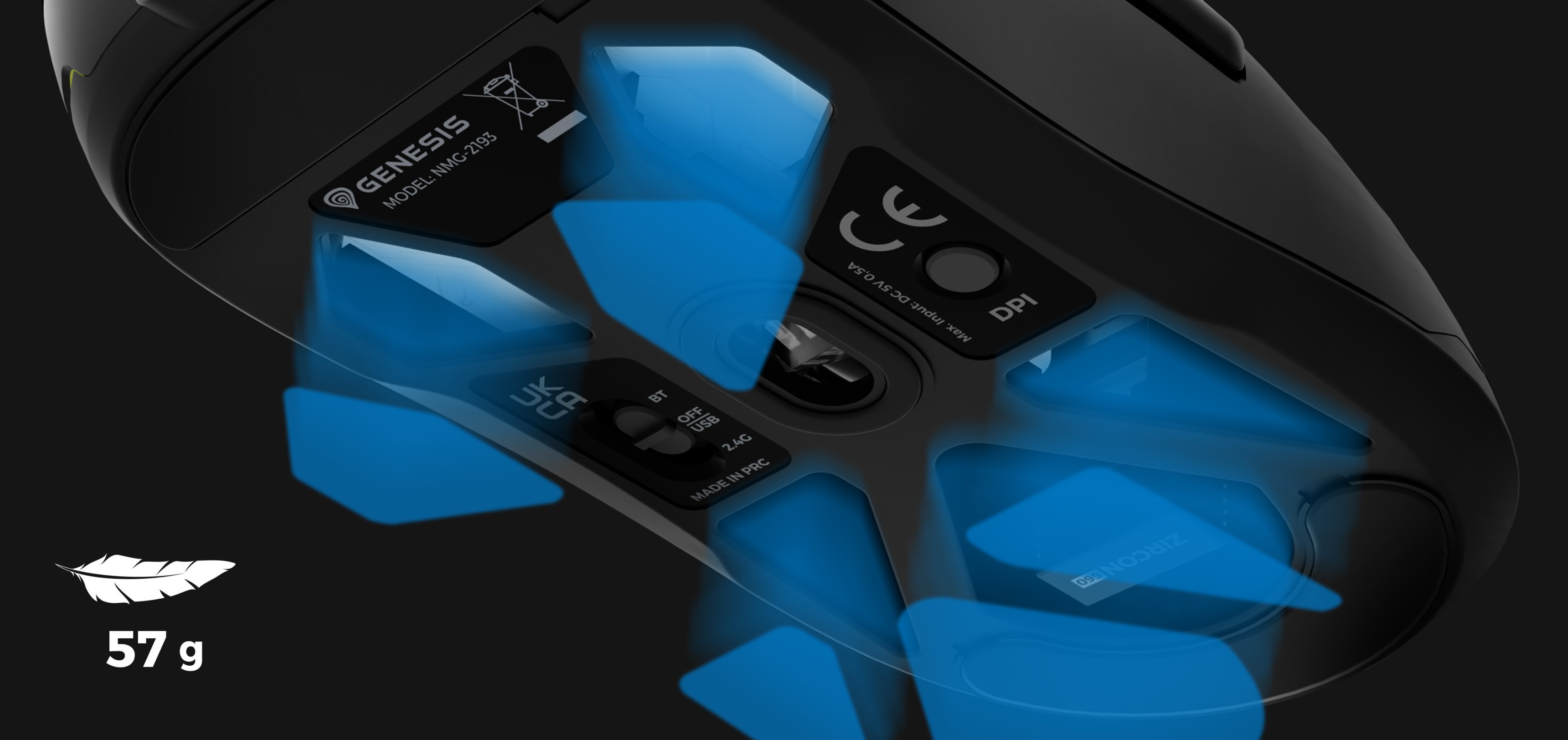 Kabellose Gaming-Maus Genesis Zircon 660 Pro mit einem 26000 DPI-Sensor, leichtem Design und beleuchtetem Sockel