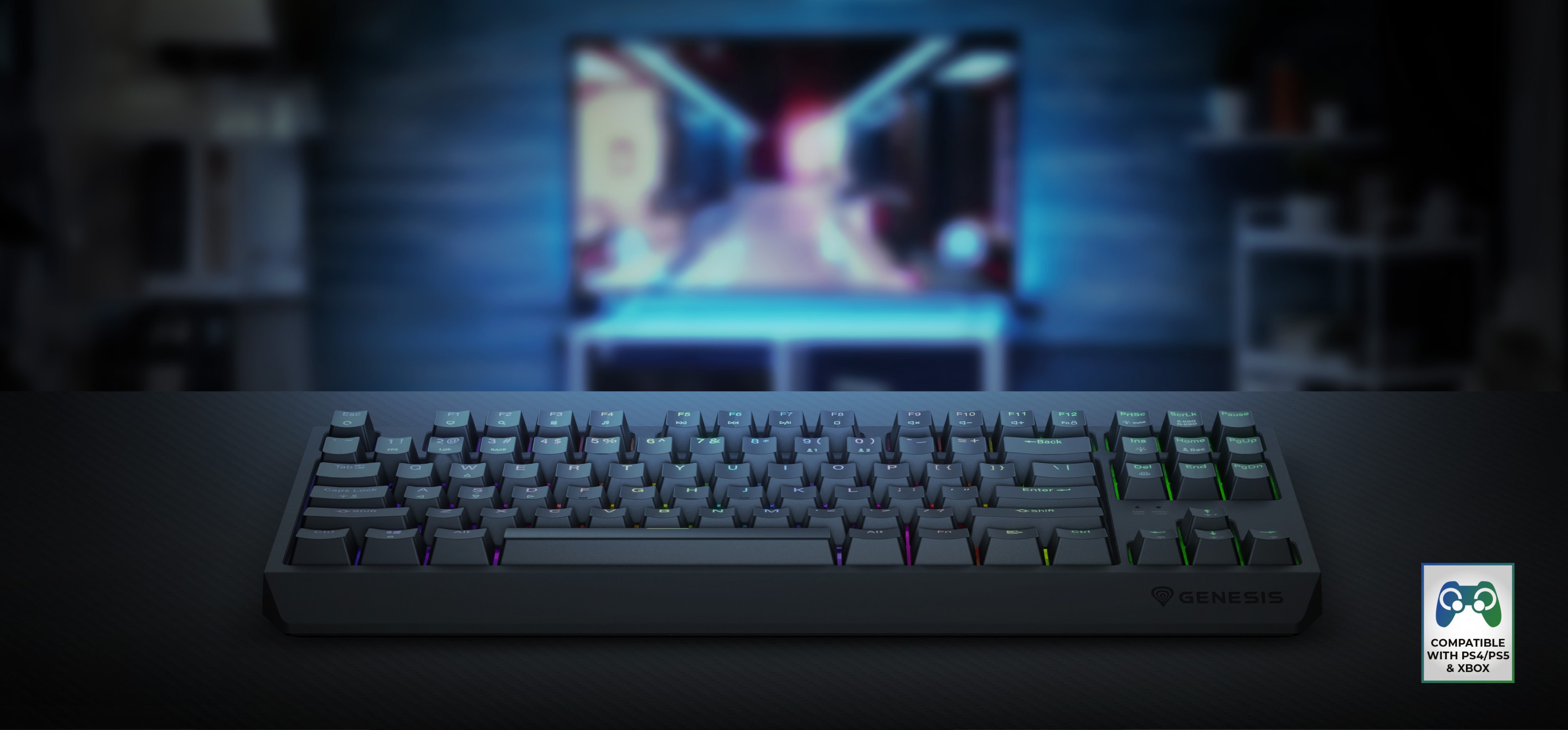Kabellose mechanische RGB-Gaming-Tastatur mit Outemu-Schaltern, dargestellt mit einem unscharfen Hintergrund eines Gaming-Setups