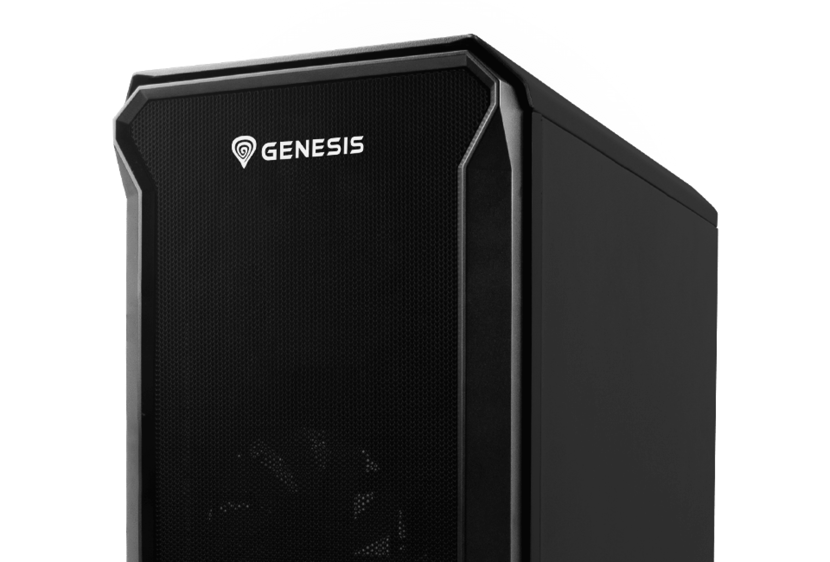 Schwarzes MATX-Mini-Tower-Gehäuse mit Mesh-Front und transparentem Seitenfenster, mit Genesis-Logo