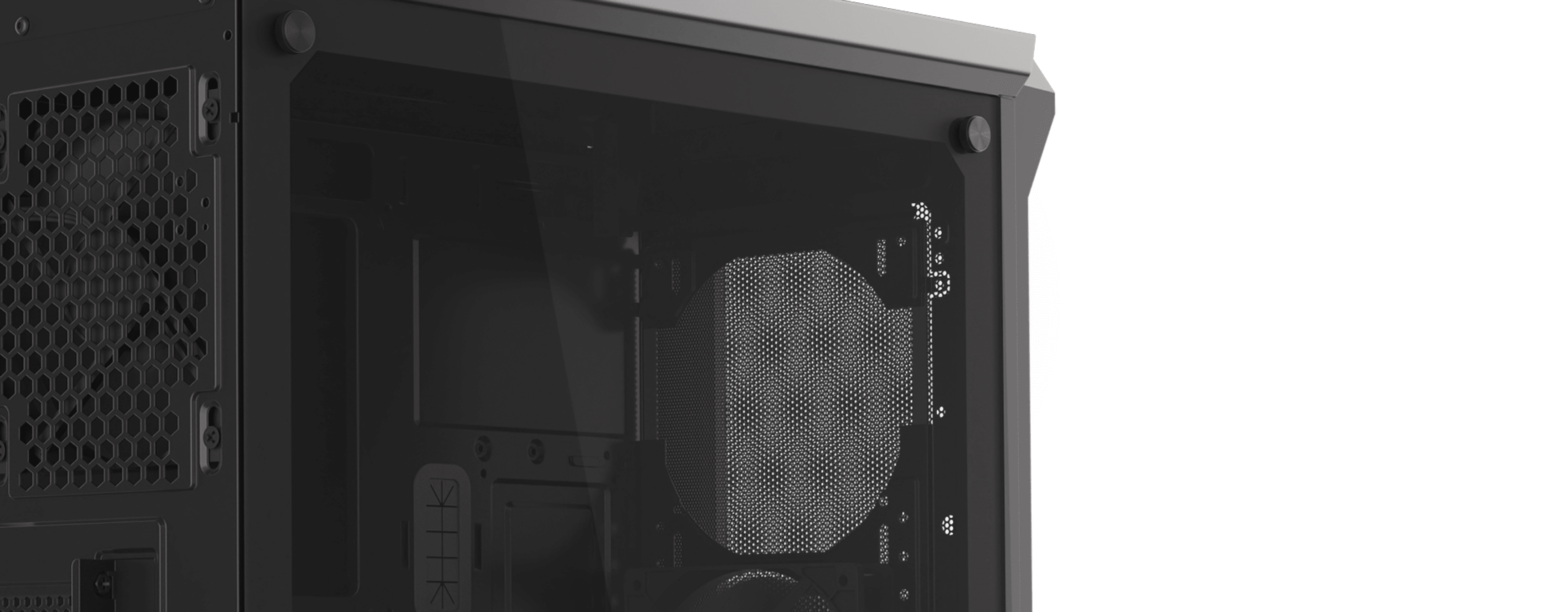 Schwarzes Genesis Irid 505 V2 MIDI-Tower-Gehäuse mit transparenter Seitenwand, die die internen Komponenten sichtbar macht