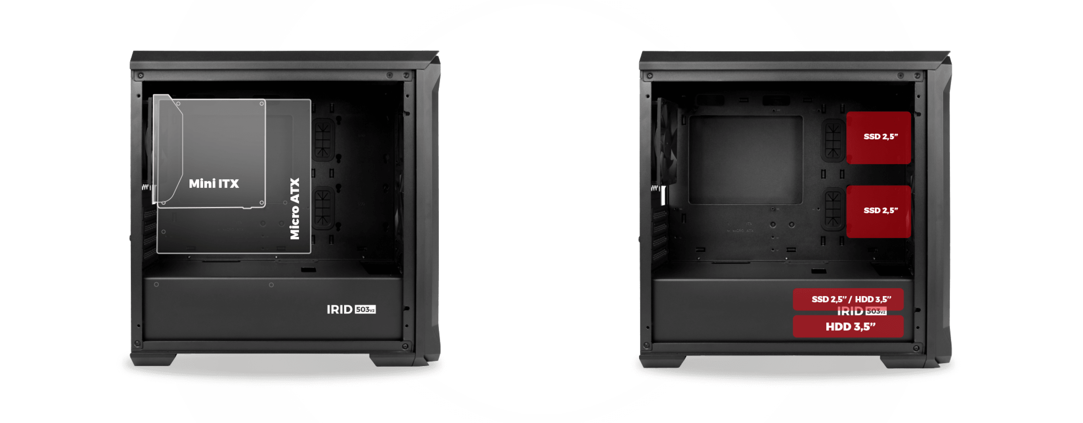 Schwarzes Genesis Irid 503 V2 MATX Mini-Tower-Gehäuse mit einer transparenten Seitenwand und beschrifteten Innenfächern für HDD und SSD