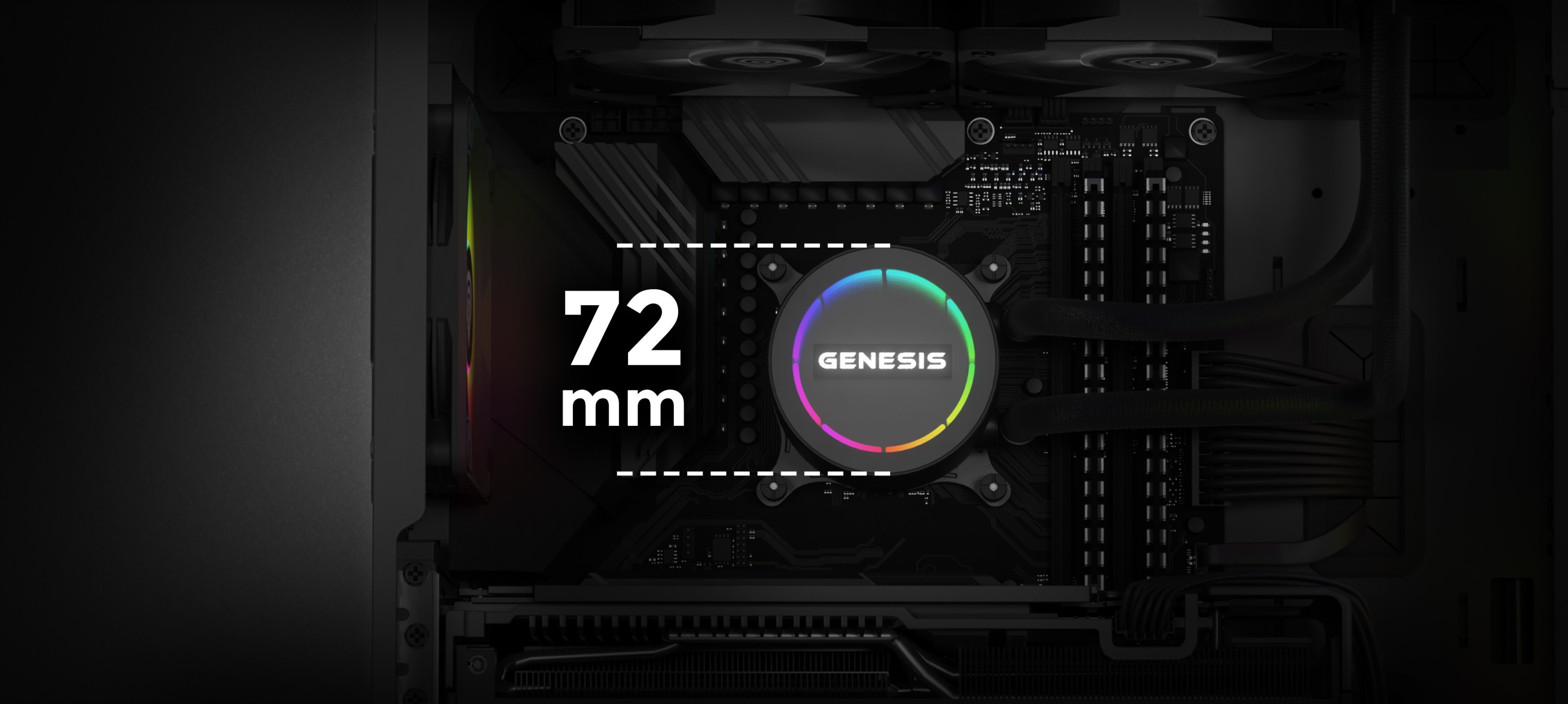 Nahaufnahme des schwarzen Genesis Hydria 240 Flüssigkeitskühlers mit dem 72-mm-Logo und den Komponenten in einem PC-Gehäuse