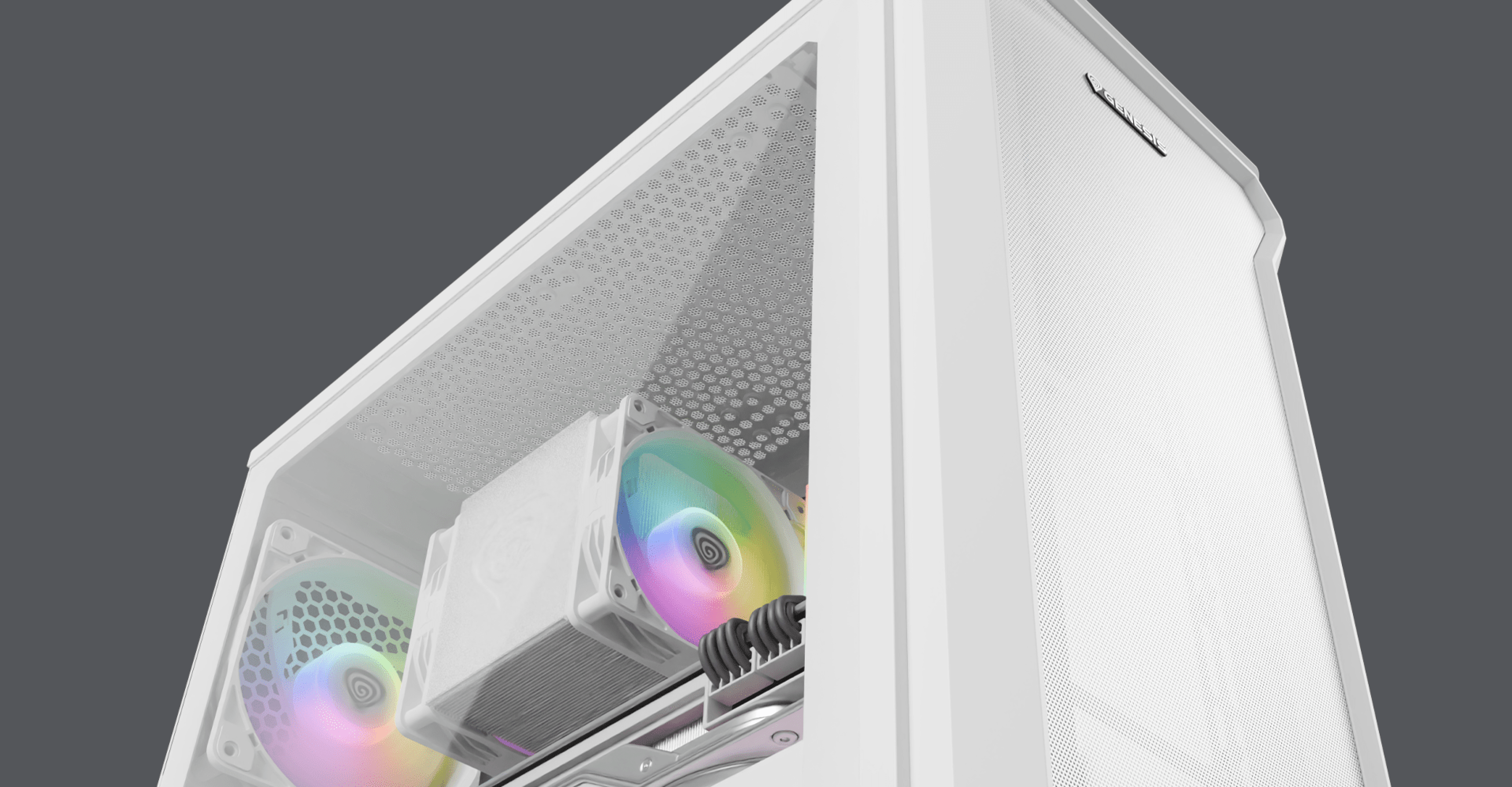 Weißes Genesis Irid 503 ARGB Lite MATX Mini-Tower-Gehäuse mit transparenter Seitenwand und farbigen RGB-Lüftern im Inneren