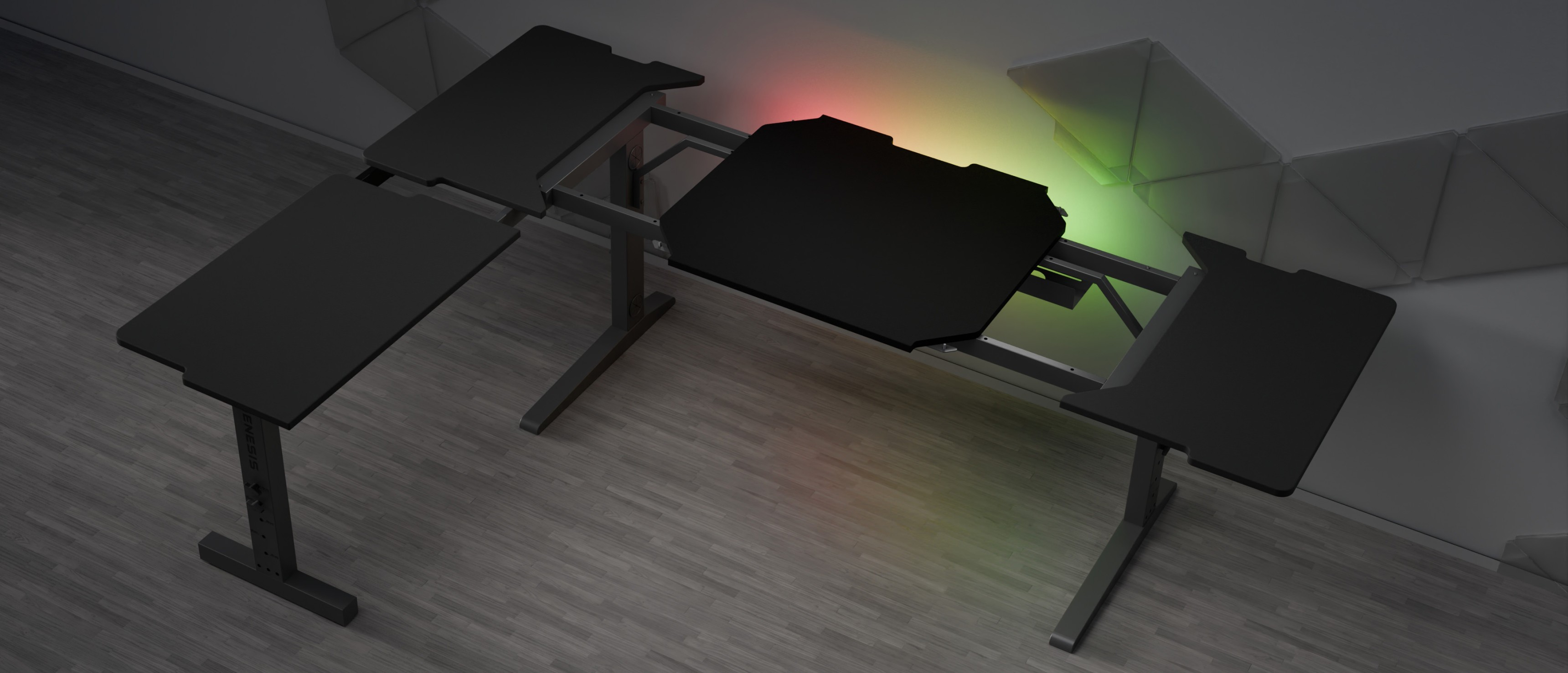 Modularer Eck-Gaming-Tisch mit eleganter schwarzer Oberfläche und anpassbarer LED-Beleuchtung, entwickelt für Gaming-Setups