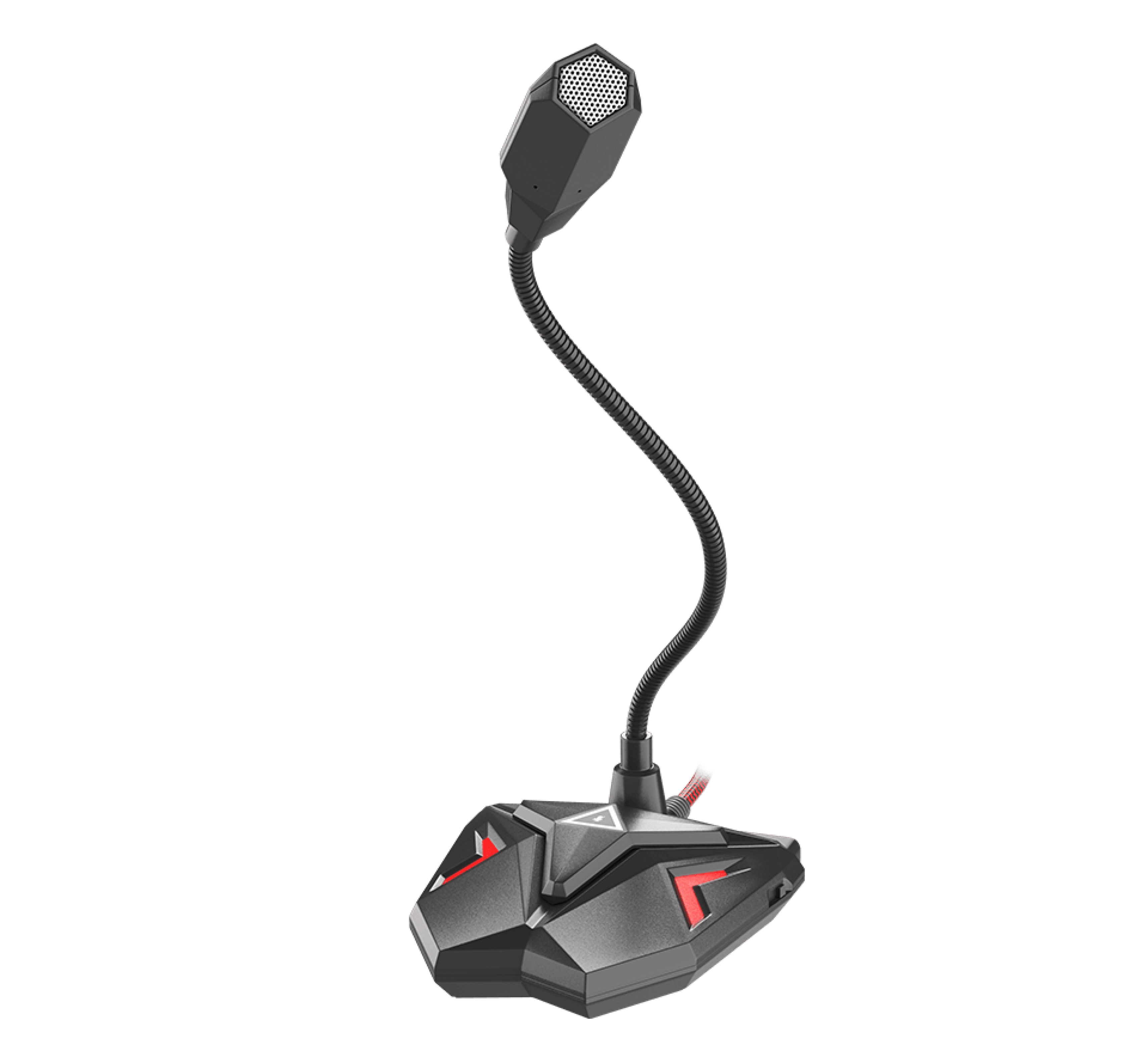 Schwarzes Mikrofon mit flexiblem Arm und roten Akzenten, entwickelt für Gaming und Streaming