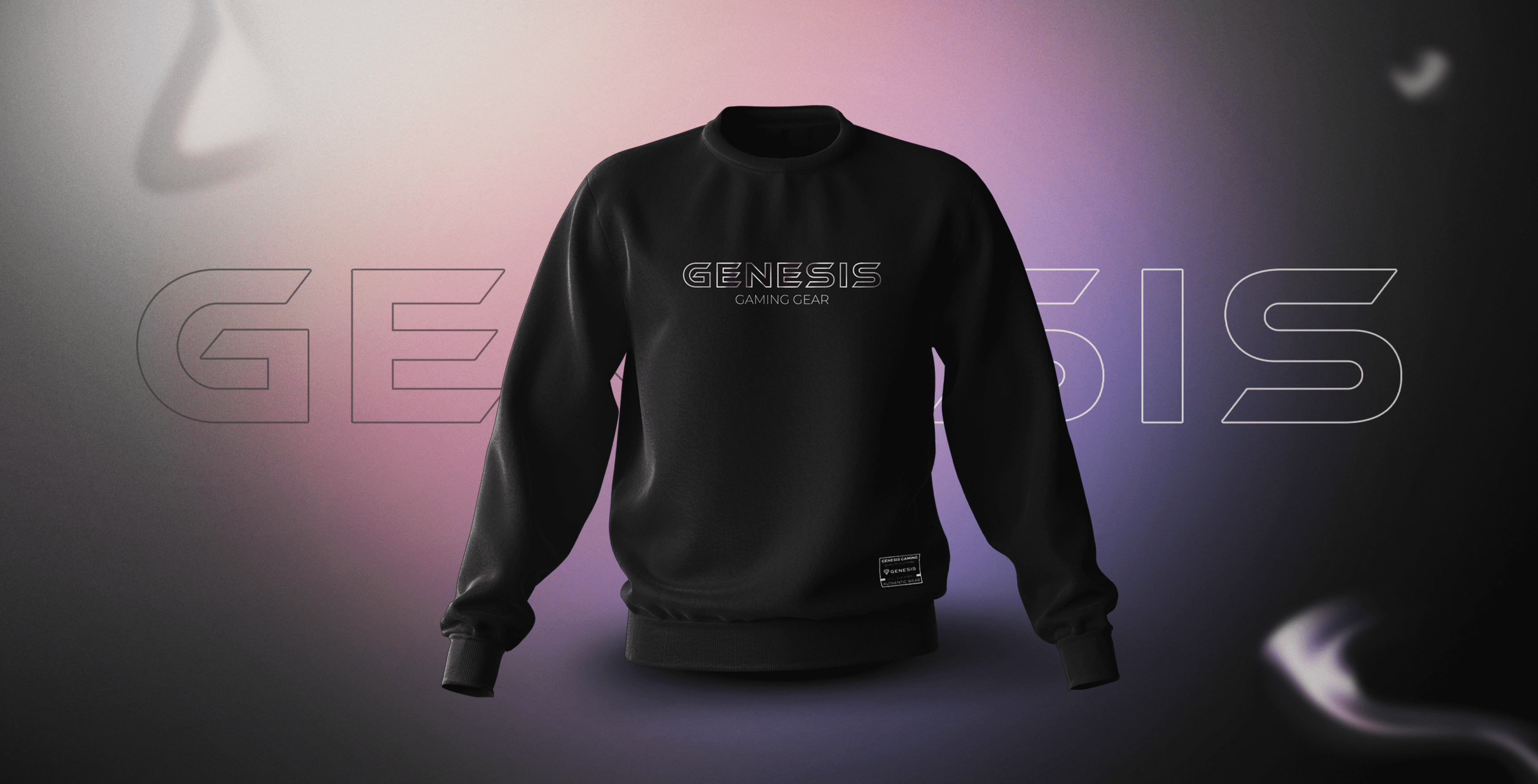 Schwarzes Sweatshirt mit dem Text "GENESIS" auf der Vorderseite vor einem Hintergrund mit Farbverlauf