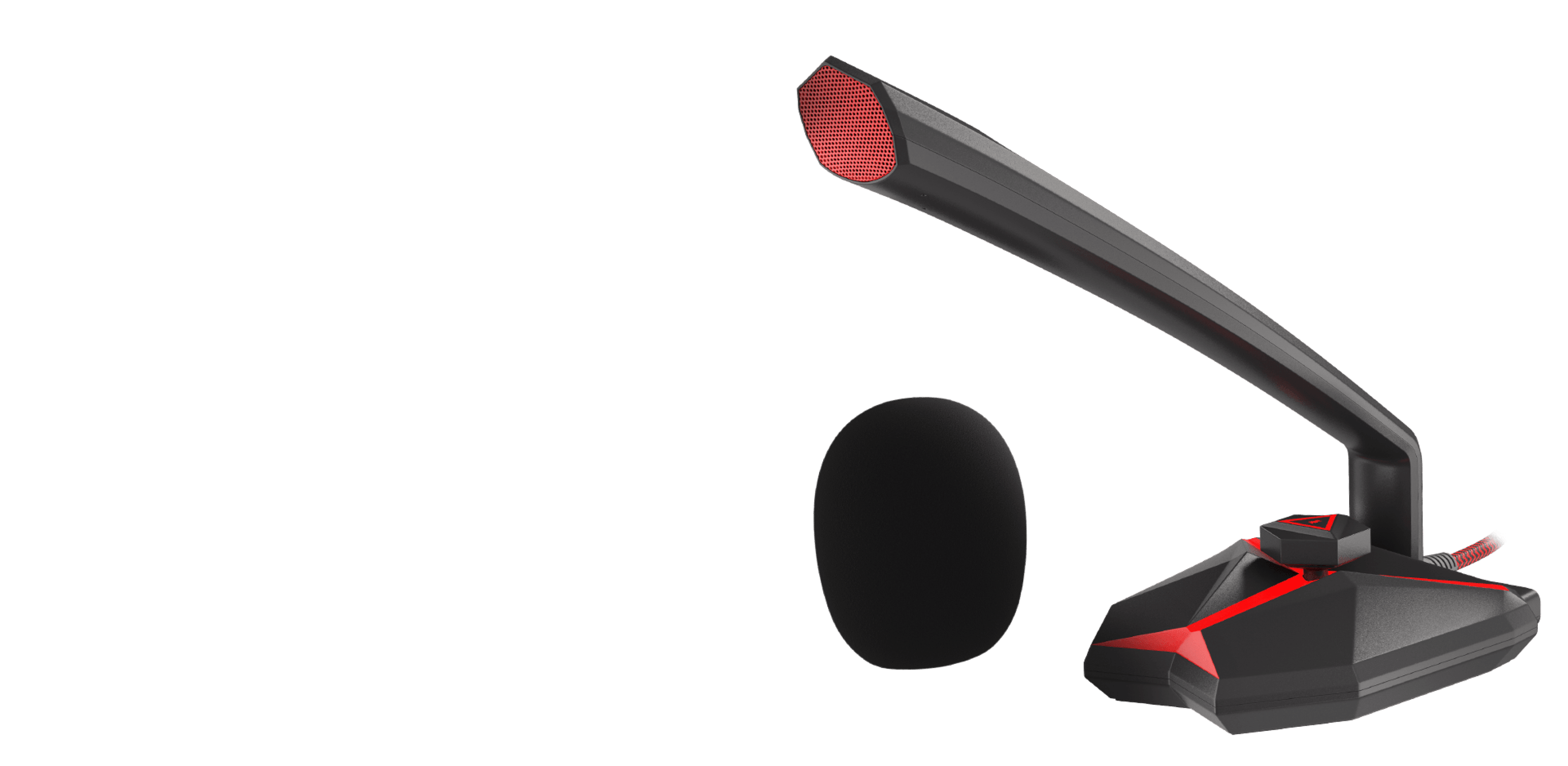 Genesis Radium 200 Mikrofon im eleganten schwarz-roten Design, mit flexiblem Arm und Schaumstoffwindschutz
