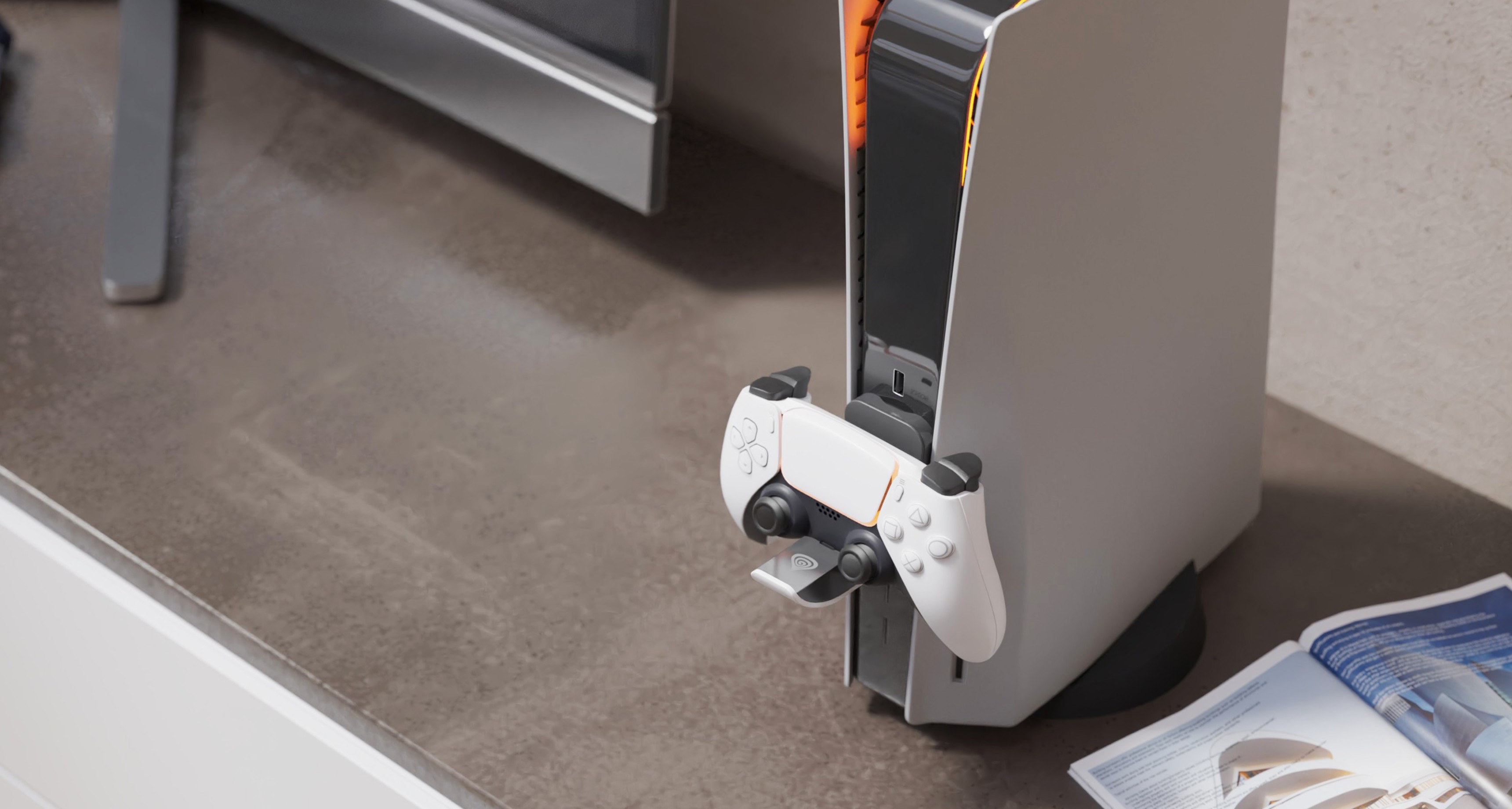 Ladegerät für Genesis Tin 300-Controller, die für die PS5 entwickelt wurden, neben der Konsole auf einem Tisch platziert