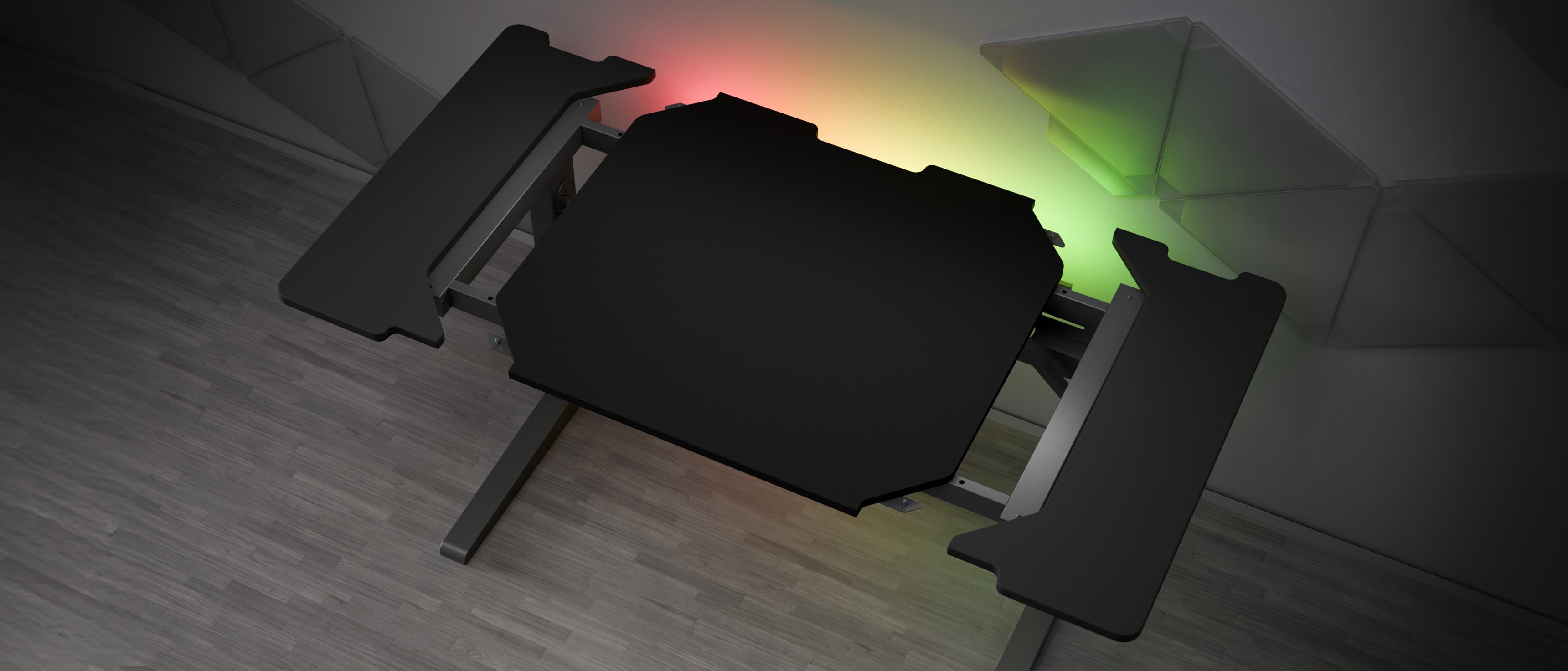 Schwarze Seitenwand für den modularen Schreibtisch Genesis Holm, mit schlankem Design und dezenter LED-Beleuchtung