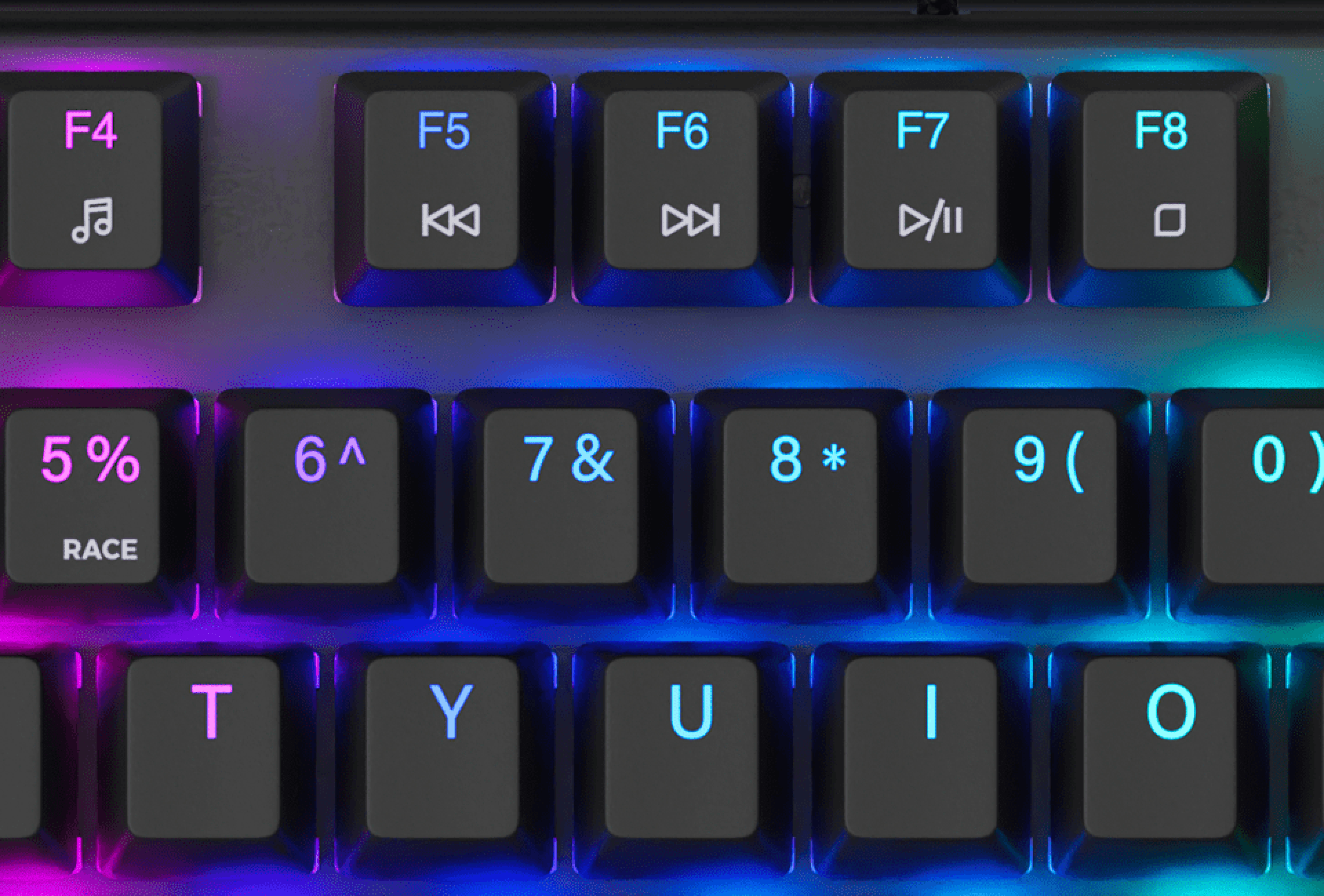 Nahaufnahme einer Gaming-Tastatur mit RGB-Hintergrundbeleuchtung, mit Fokus auf die Zahlen- und Funktionstasten