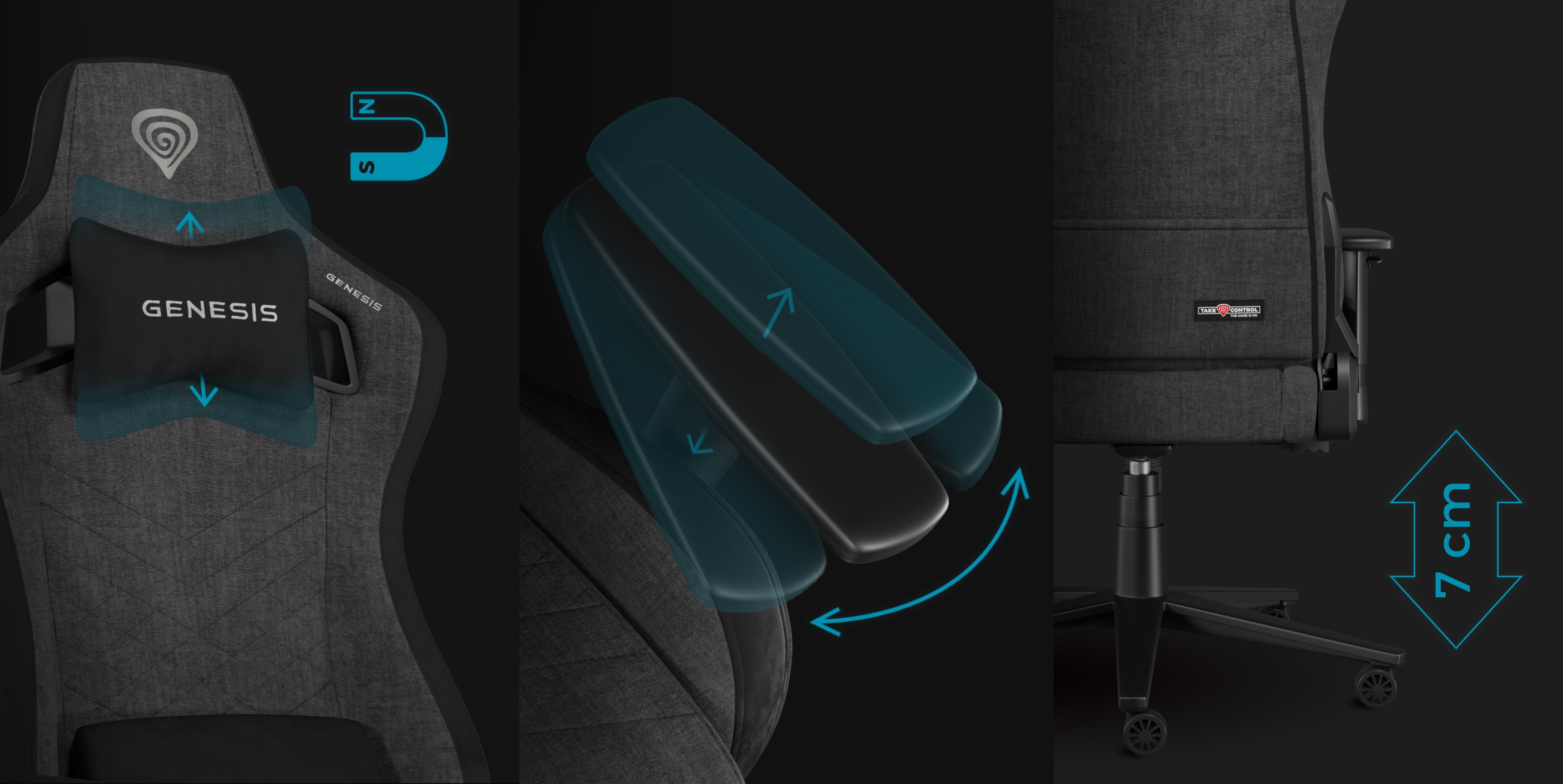 Gaming-Stuhl Genesis Nitro 660 in Grau mit verstellbaren Armlehnen und Kopfstütze. Mit schlankem Design und ergonomischer Unterstützung