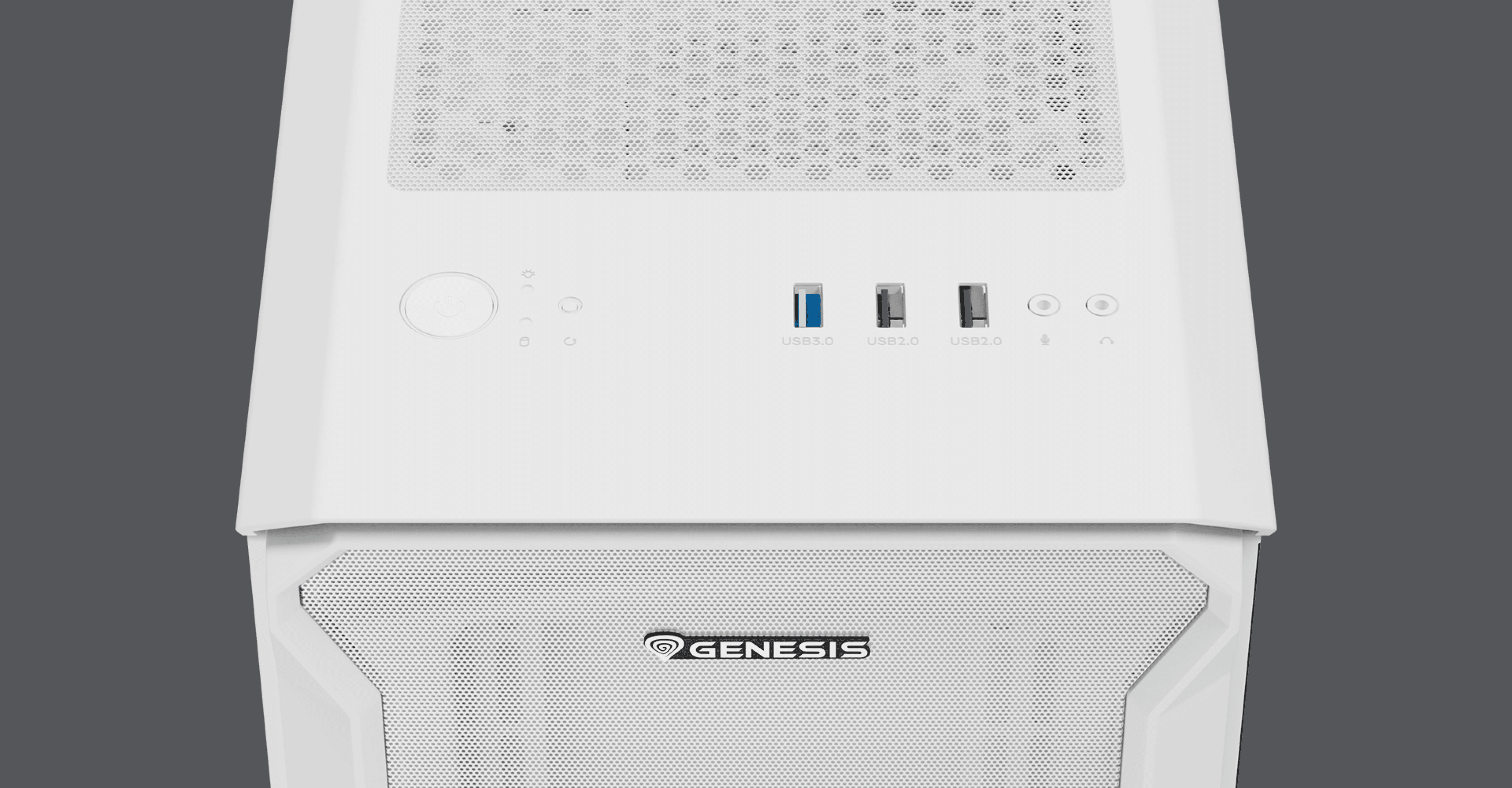 Weißes Genesis Irid 503 ARGB Lite MATX Mini-Tower-Gehäuse mit einem Seitenfenster und Front-I/O-Anschlüssen