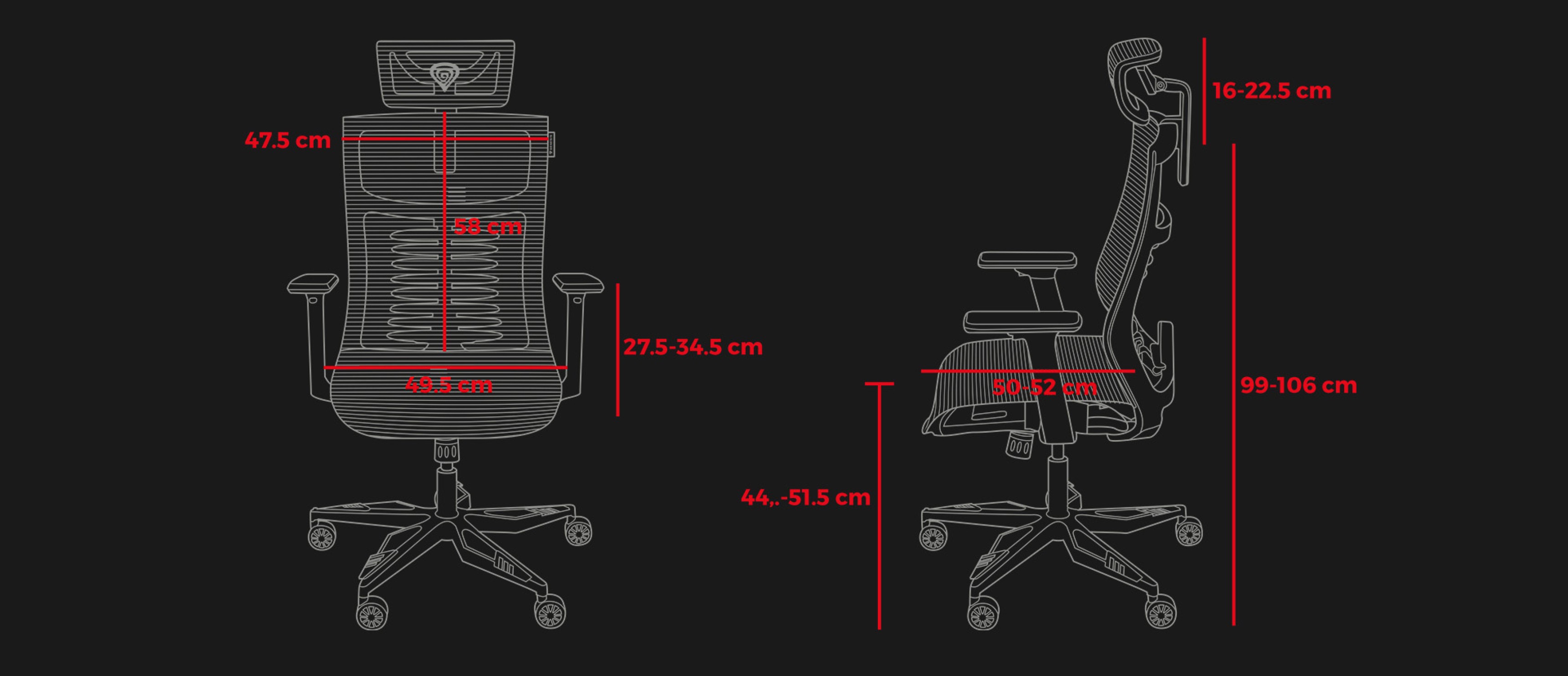 Abmessungen und Designspezifikationen des ergonomischen schwarzen Stuhls Genesis Astat 700 G2 mit den Maßen für Höhe, Breite und Tiefe