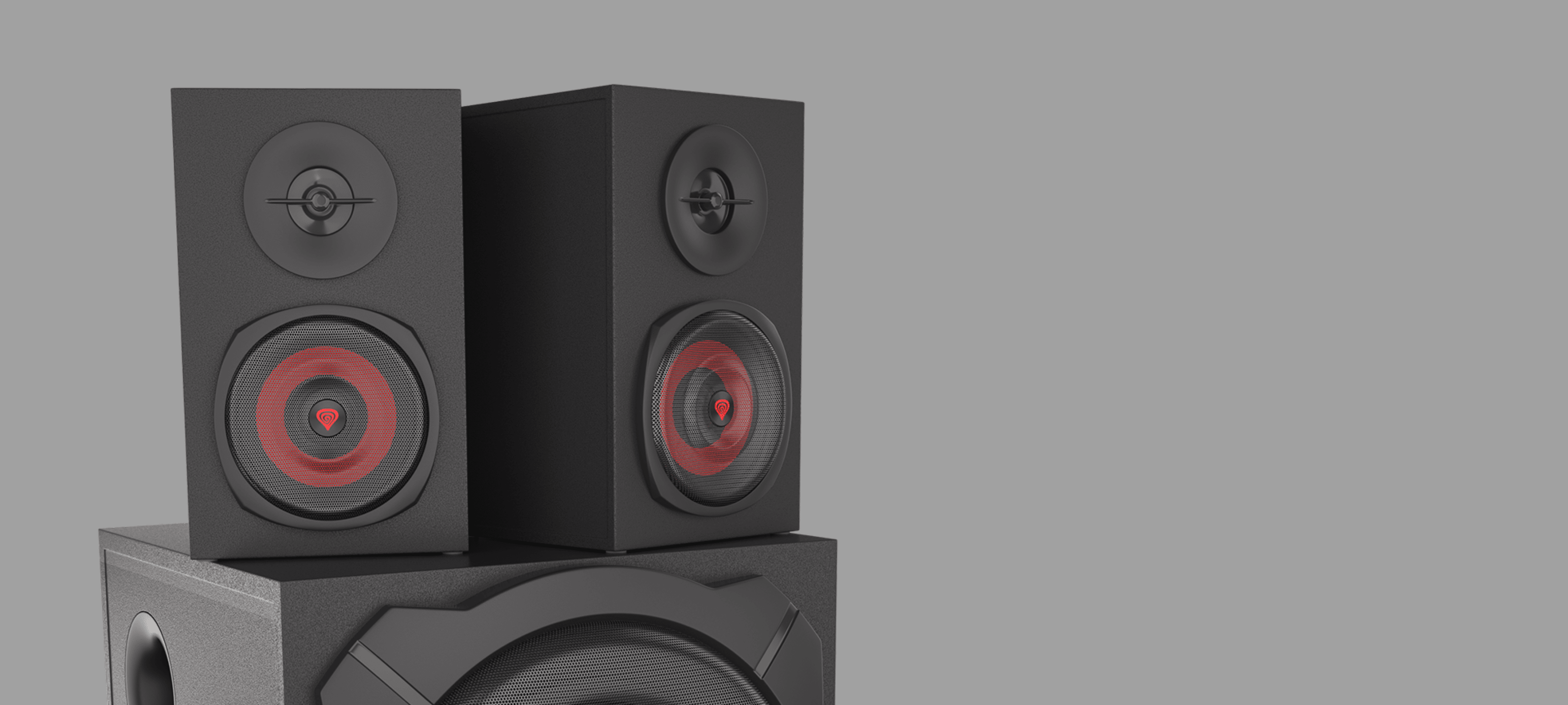 Schwarze Genesis Helium 610BT 2.1-Lautsprecher mit Kabelfernbedienung, mit zwei Satellitenlautsprechern und einem Subwoofer