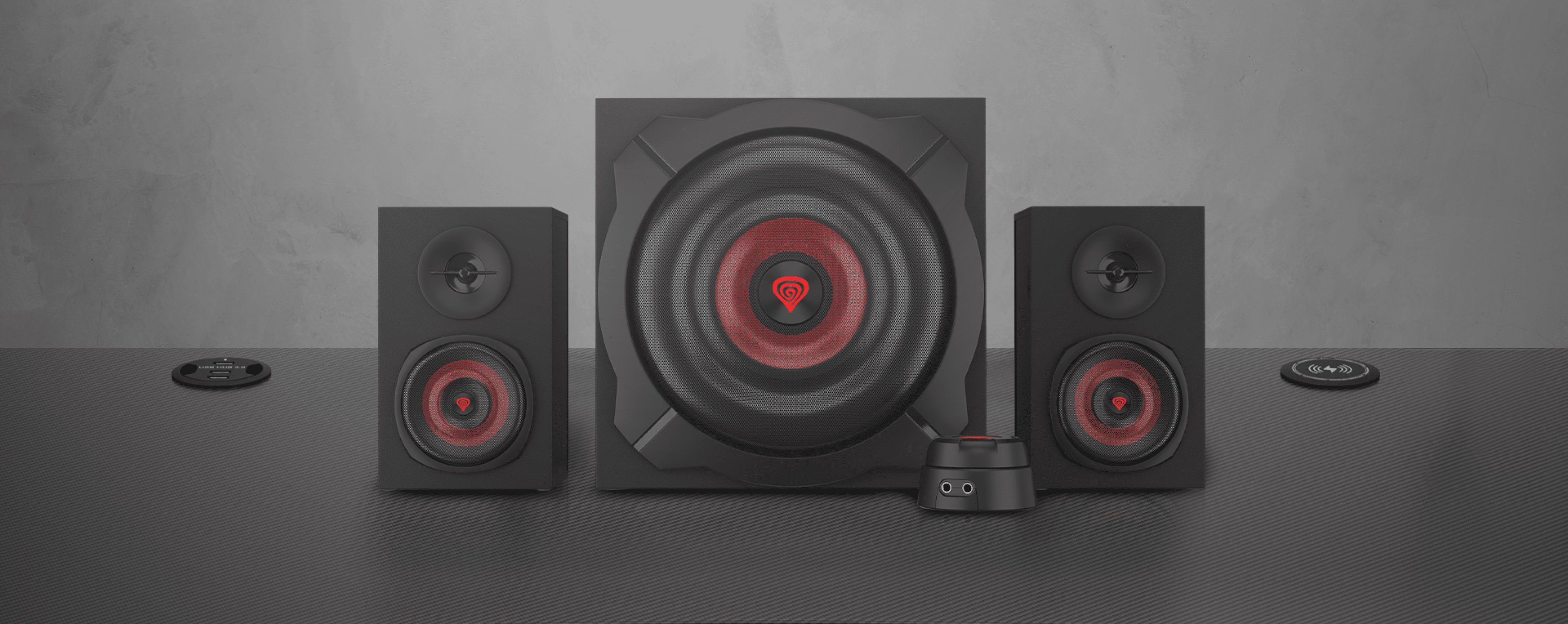 Schwarzes Genesis Helium 610BT 2.1-Lautsprechersystem mit einem Subwoofer und zwei Satellitenlautsprechern, mit einer Kabelfernbedienung