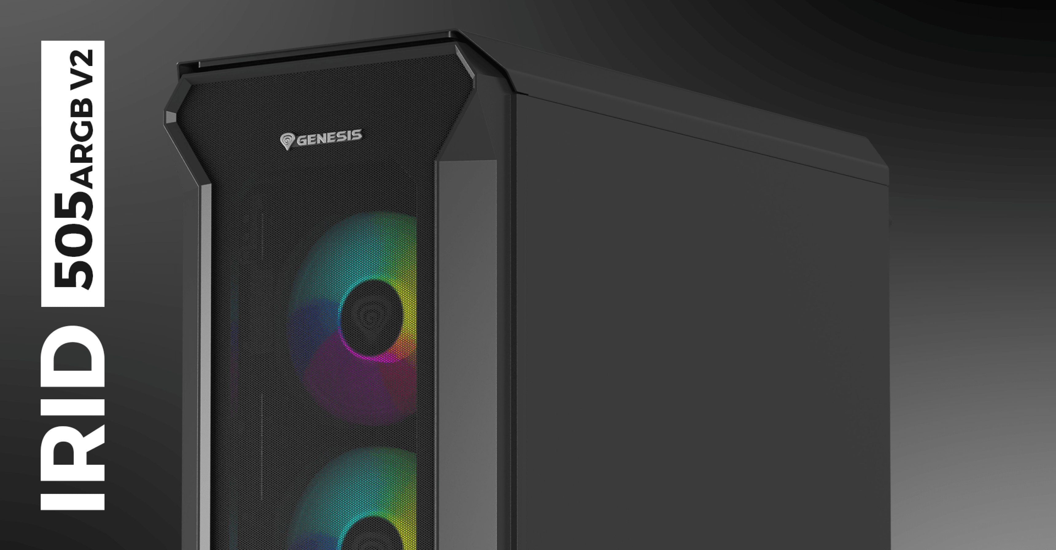 Schwarzes MIDI-Tower-Gehäuse mit gehärtetem Glasfenster und RGB-Lüftern, das das Modell Genesis IRID 505 ARGB V2 vorstellt