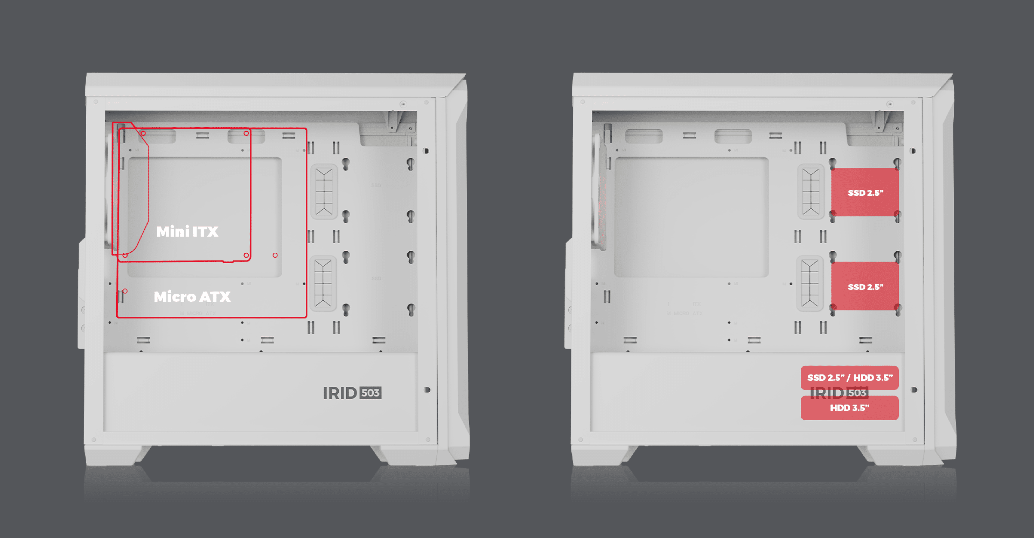 Weißes Genesis IRID 503 ARGB Lite MATX Mini-Tower-Gehäuse mit transparenter Seitenwand, mit Fächern für Mini ITX- und Micro ATX-Motherboards