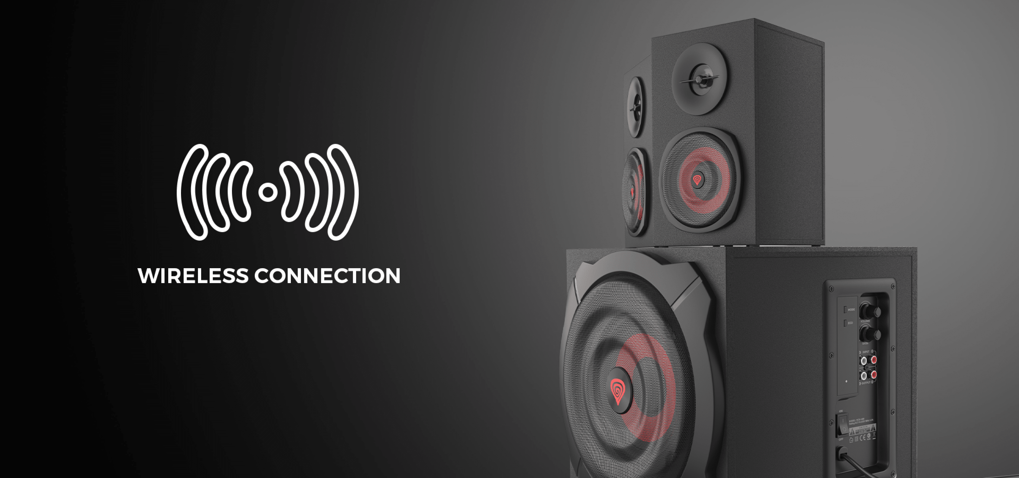Zwei schwarze Genesis Helium 610BT 2.1-Lautsprecher mit Subwoofer, mit drahtlosem Verbindungssymbol und Fernbedienung an einem Kabel