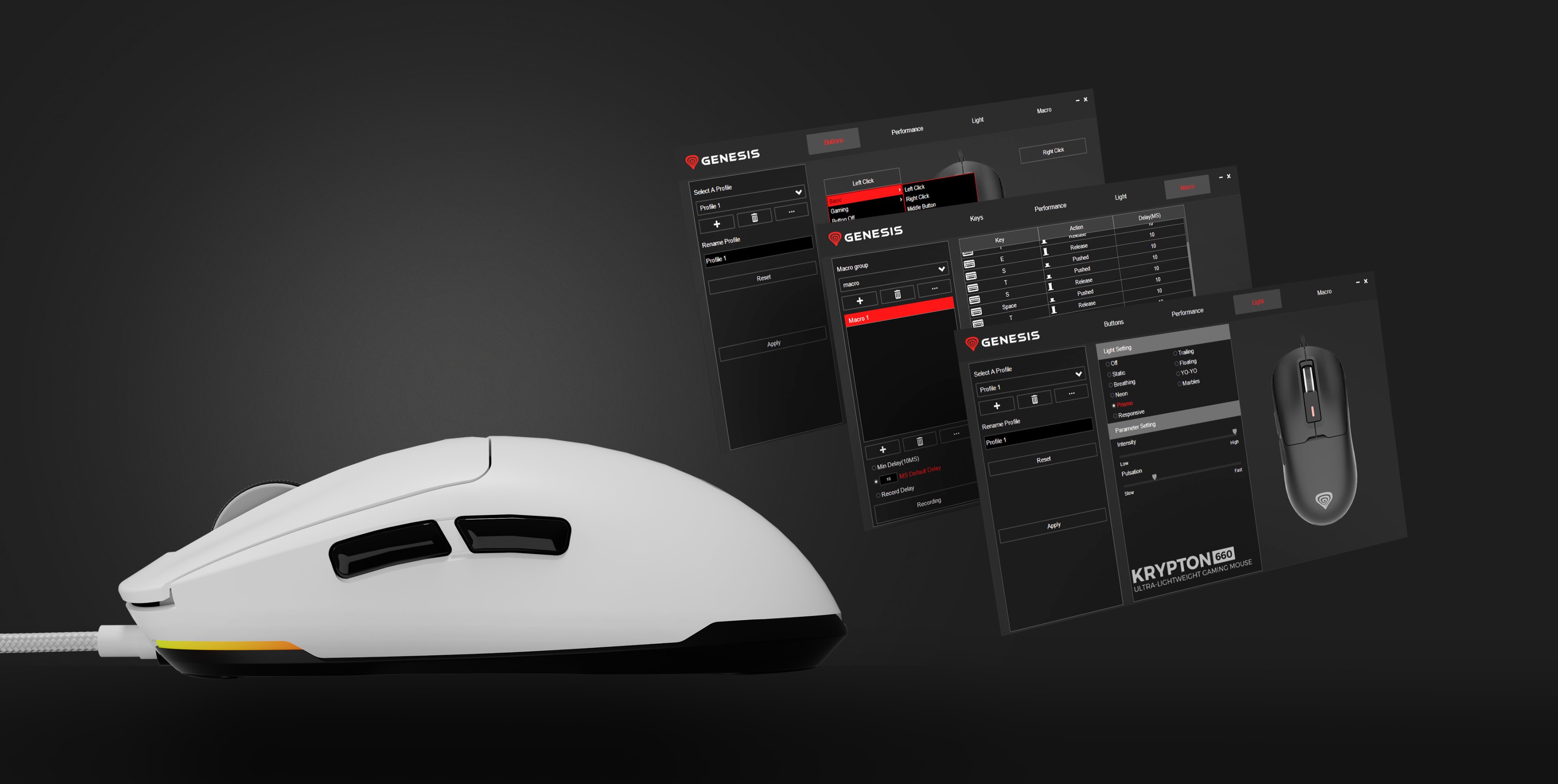 Weiße RGB-Gaming-Maus mit programmierbaren Funktionen, die neben den Bildschirmen der Anpassungssoftware angezeigt werden