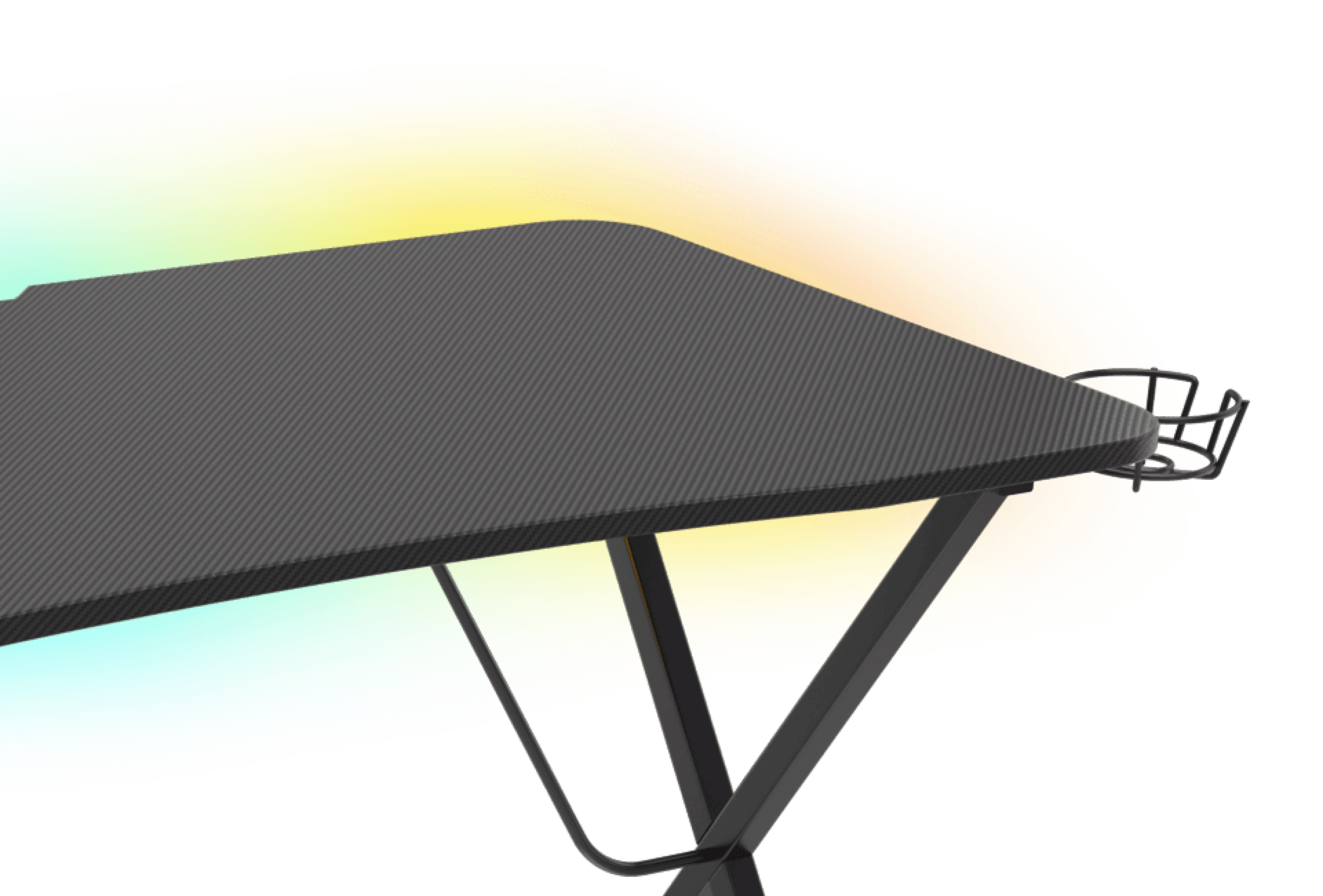 Schwarzer Gaming-Tisch mit strukturierter Oberfläche und RGB-Beleuchtungseffekten, mit seitlichem Getränkehalter