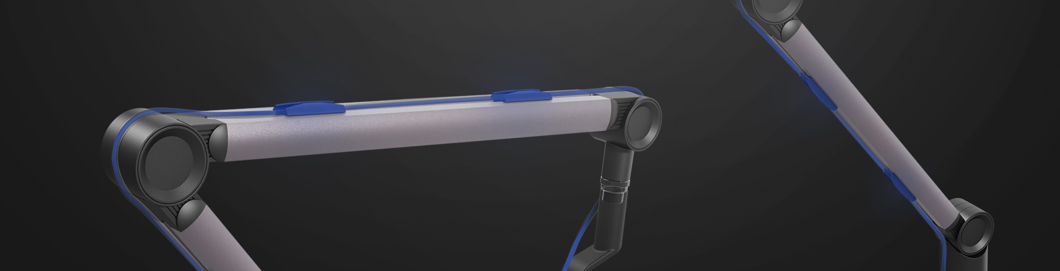 Mikrofonarm mit verstellbaren Gelenken, mit einem schlanken Design in Schwarz und blauen Akzenten für eine optimale Positionierung