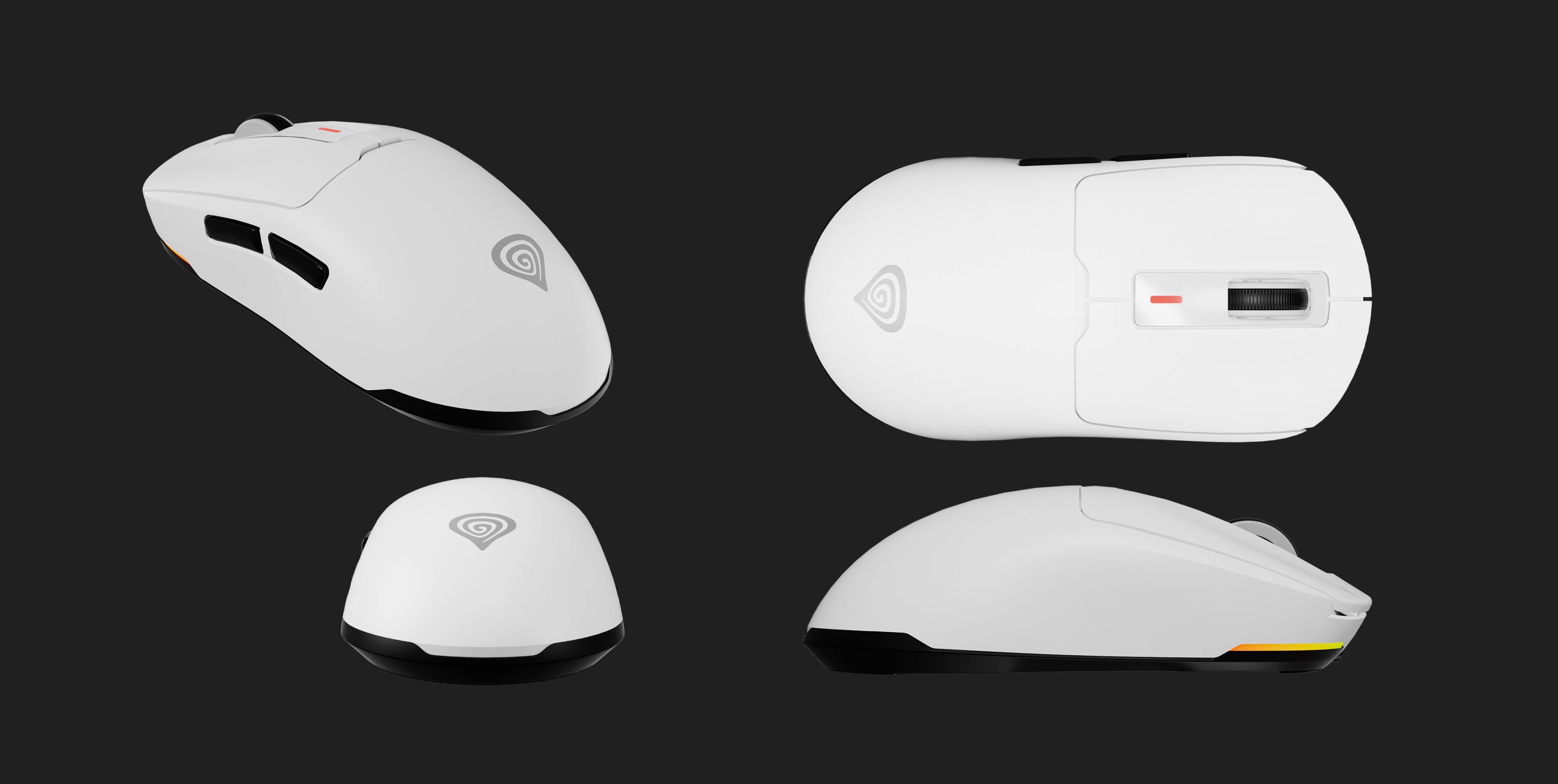 Kabellose Gaming-Maus Genesis Zircon 660, weiß, mit 12000 DPI und ergonomischem Design, dargestellt aus mehreren Blickwinkeln