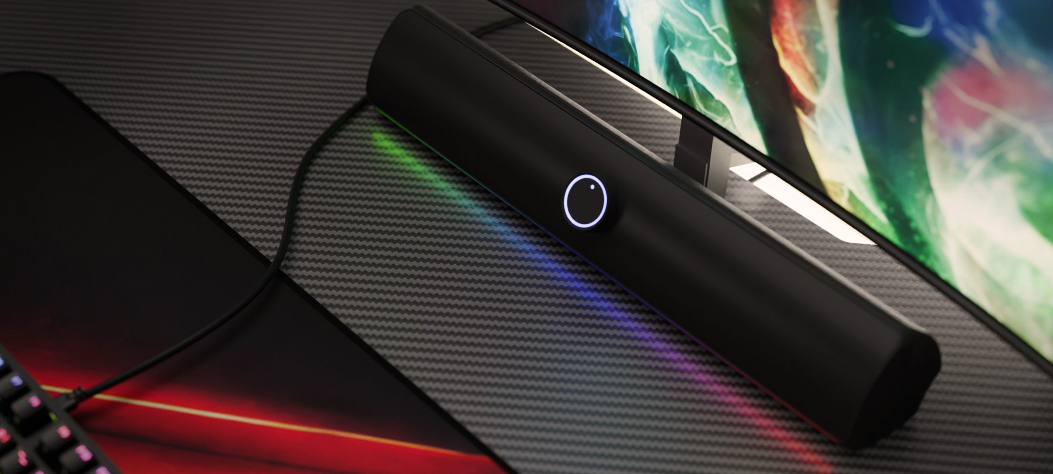 Bluetooth-Soundbar im eleganten schwarzen Design mit beleuchteter Bedientaste und farbigen LED-Akzenten