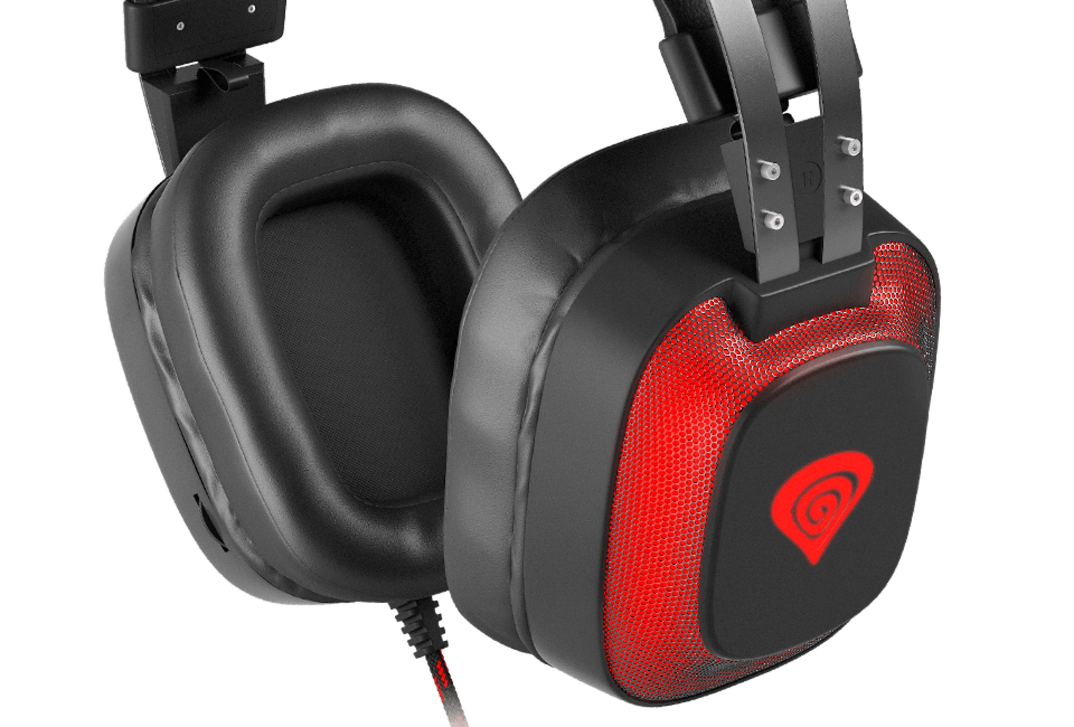 Schwarzer und roter Genesis Radon 720 7.1 Surround Sound Over-Ear-Kopfhörer mit Mikrofon und USB-Anschluss