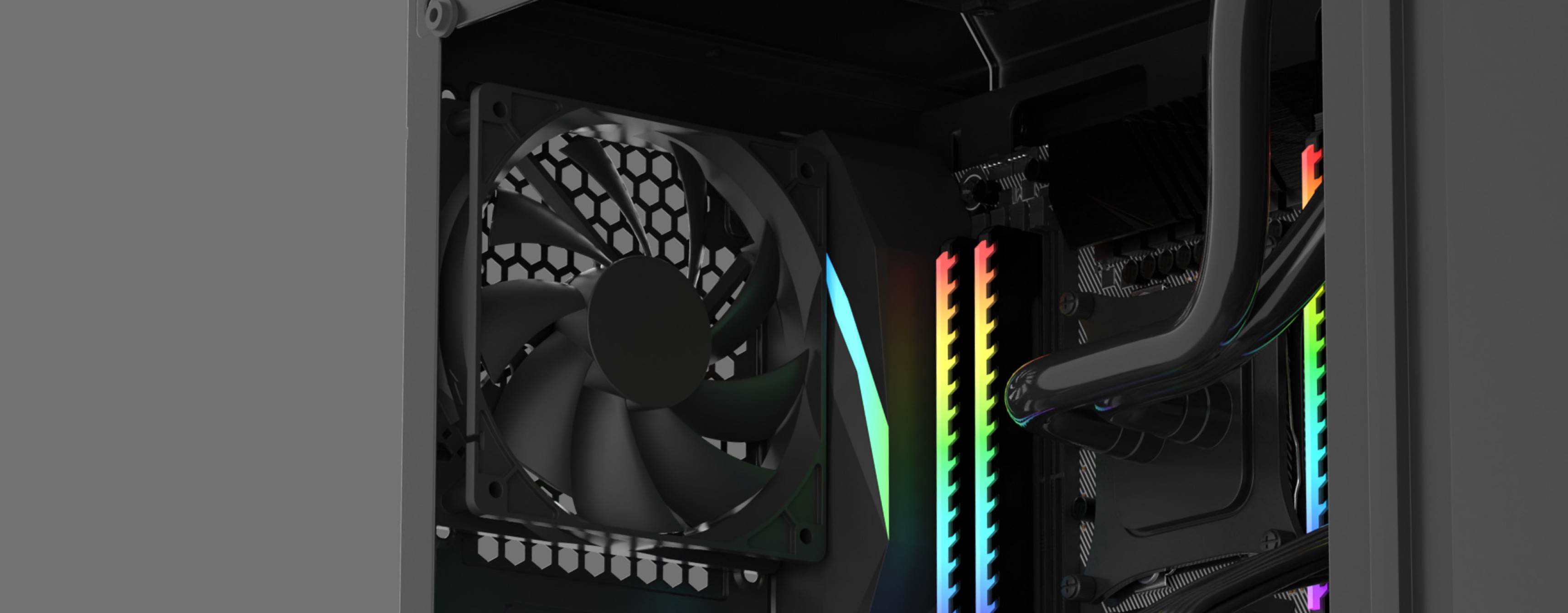 Schwarzes Genesis Irid 505F MIDI-Tower-Gehäuse mit einem Fenster und RGB-Beleuchtung, das die internen Komponenten und einen Lüfter präsentiert