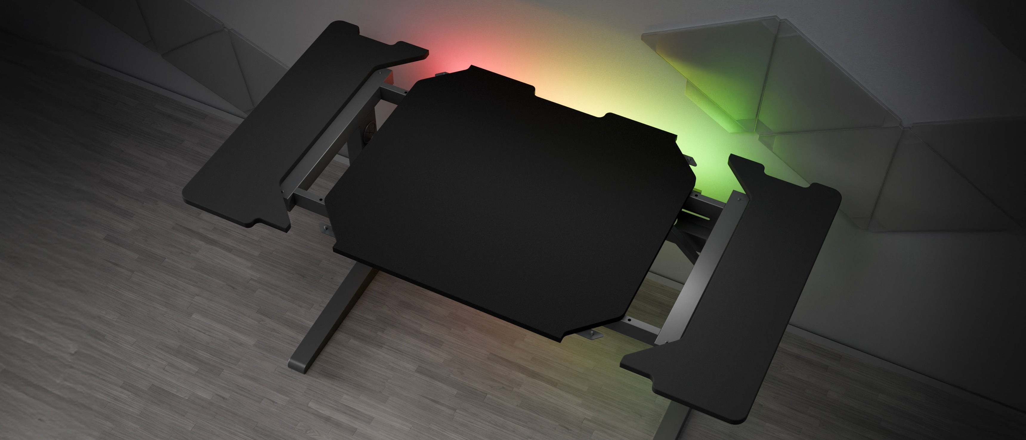 Modularer Gaming-Tisch mit glatter schwarzer Oberfläche und anpassbarer RGB-Beleuchtung an den Kanten