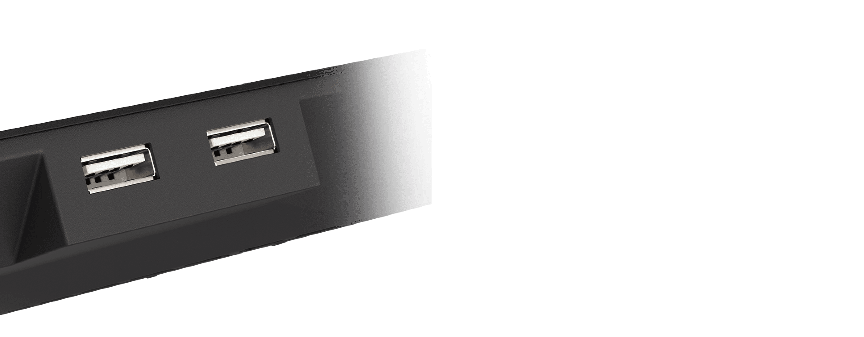 Nahaufnahme der USB-Anschlüsse des Genesis OXID 450 RGB Laptop-Kühlpads. Verfügt über zwei USB-Anschlüsse