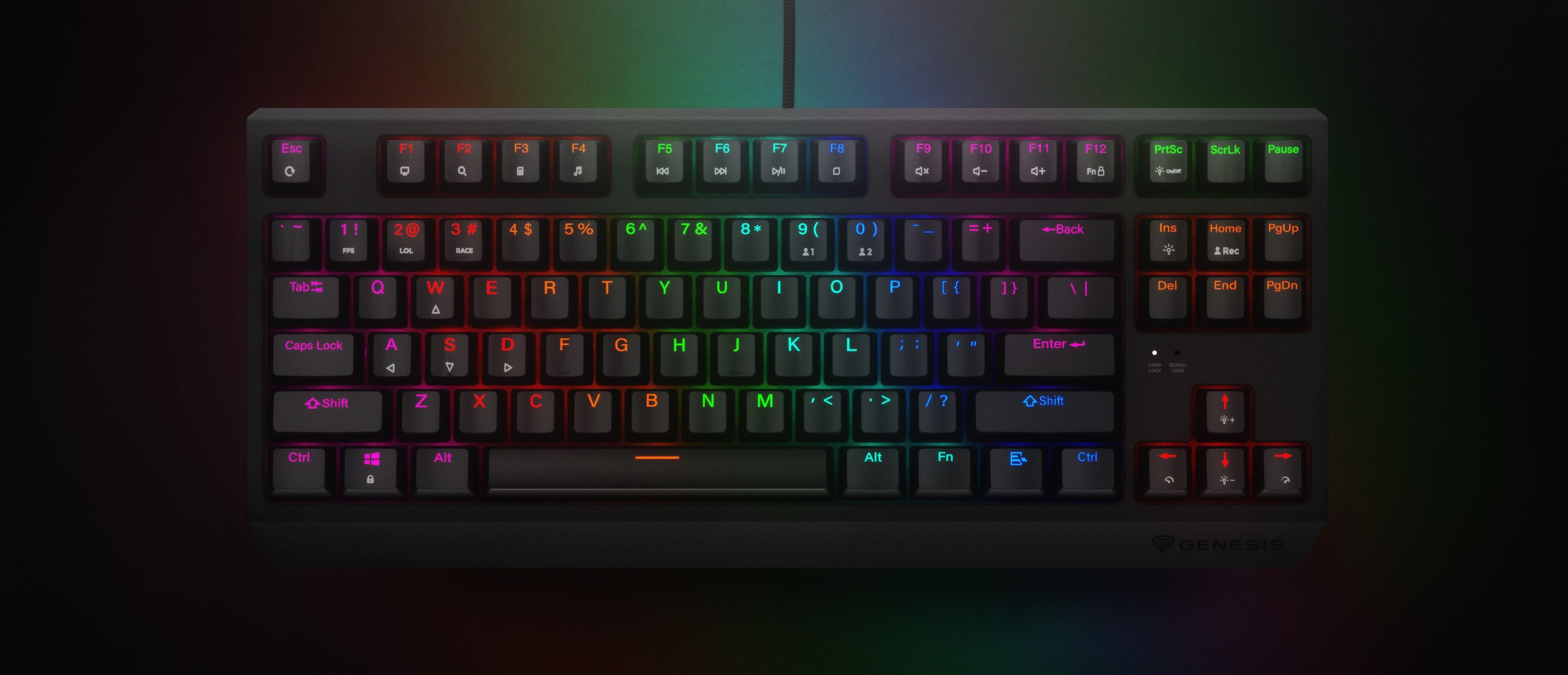 Gaming-Tastatur im kompakten TKL-Design, mit Regenbogen-Hintergrundbeleuchtung und Outemu Red-Schaltern. Hot-swap-fähige Tasten für individuelle Anpassungen