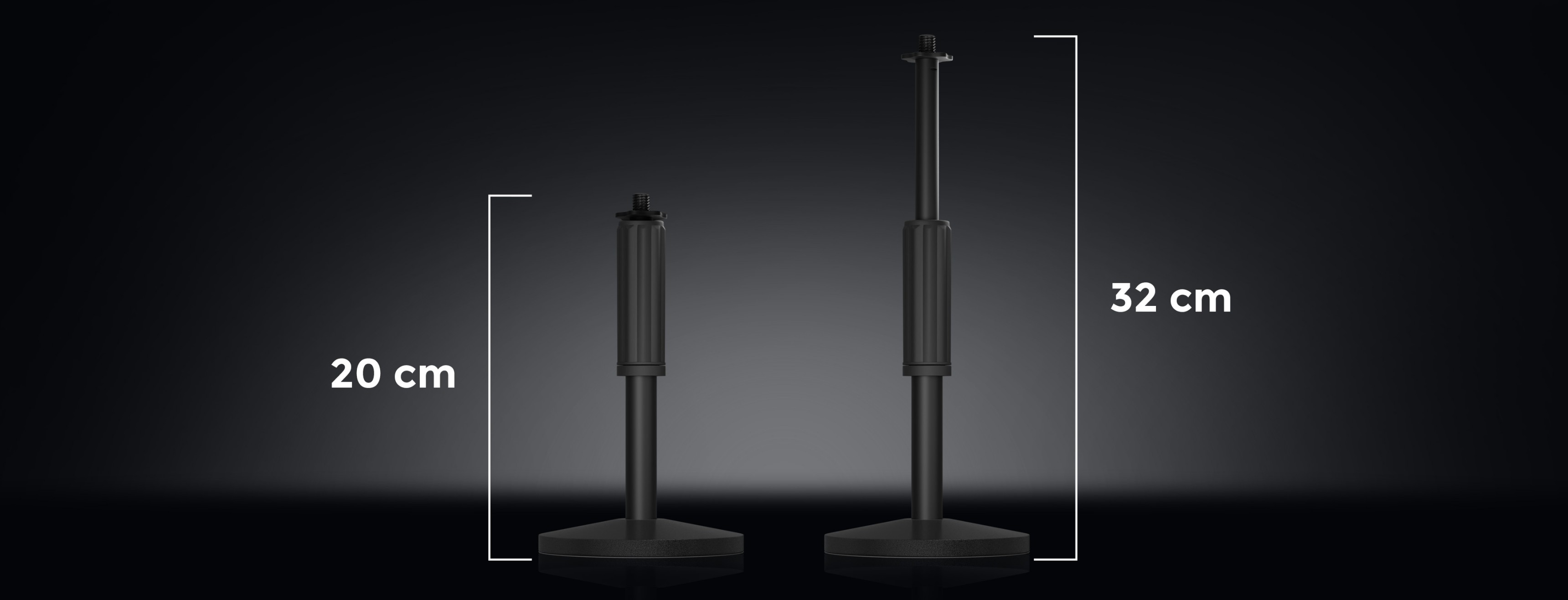 Mikrofonständer Genesis Thulium 350D in zwei Höheneinstellungen, 20 cm und 32 cm, auf einem dunklen Hintergrund