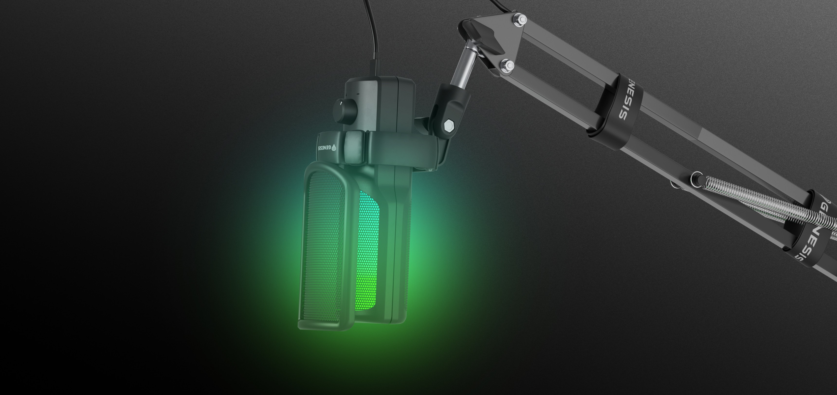 USB-Mikrofon an einem schwarzen, verstellbaren Arm mit einem grün beleuchteten Panel für visuelles Feedback