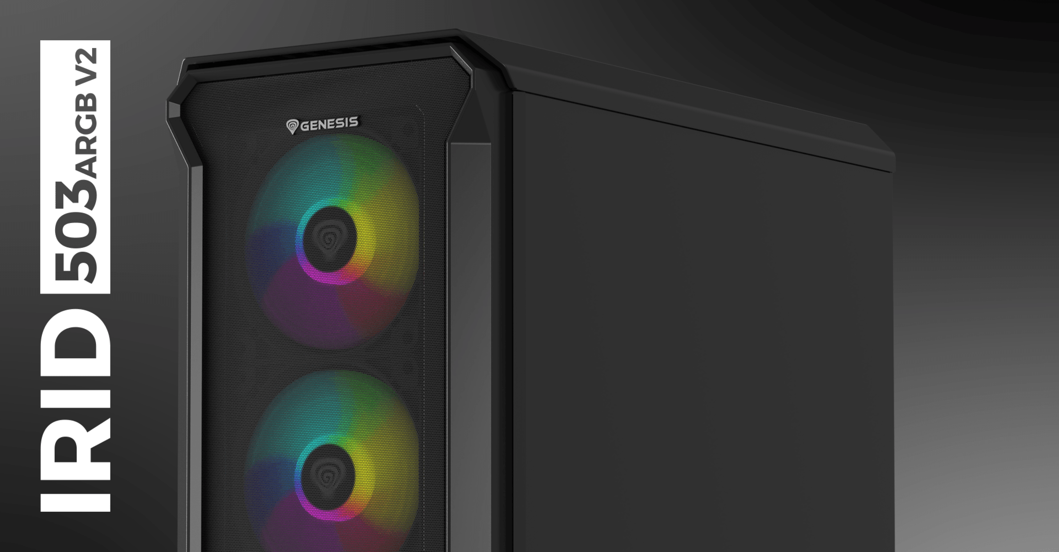 Schwarzes Mini-Tower-Gehäuse mit einer Seitenwand aus Glas und zwei RGB-Lüftern an der Vorderseite, beschriftet mit Genesis IRID 503 ARGB V2