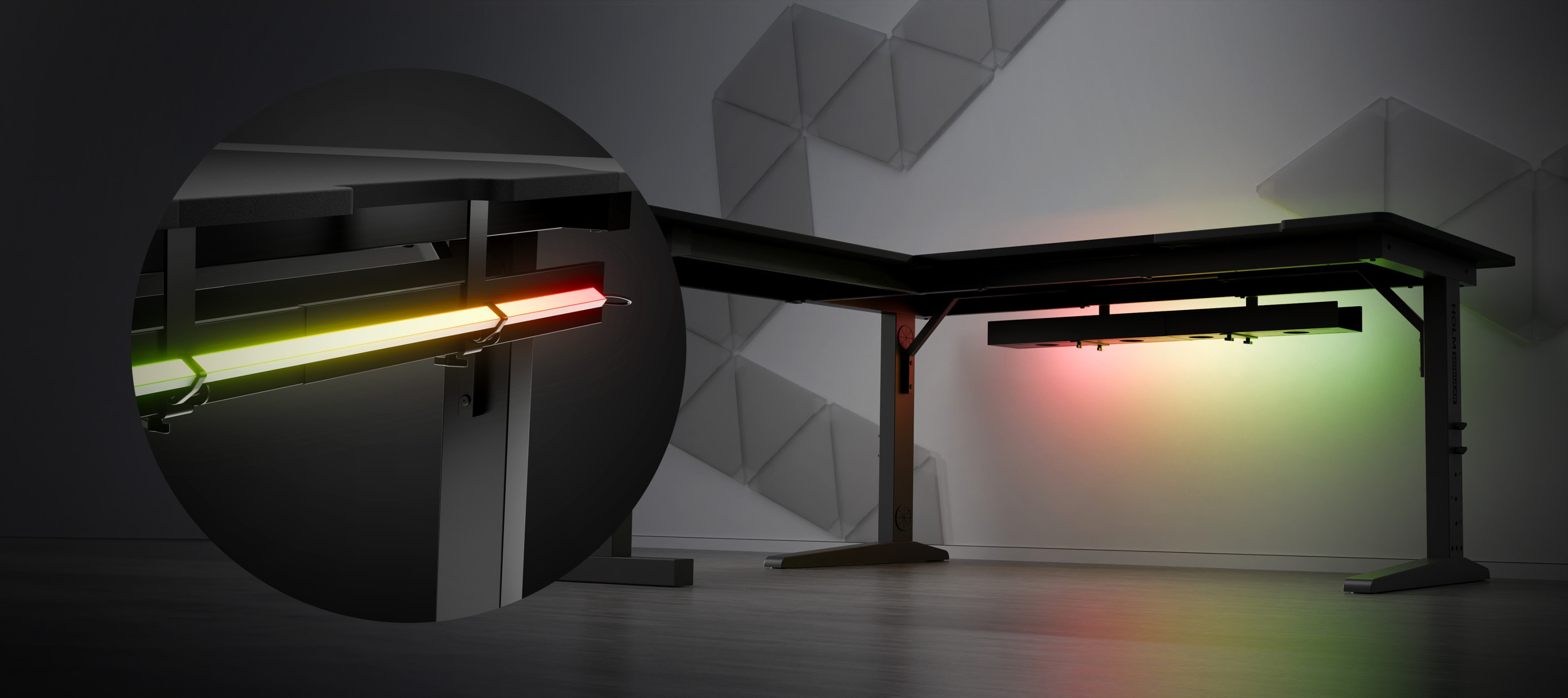 Eck-Gaming-Desk mit modularem Design, einstellbarer LED-Beleuchtung und einer schlanken, modernen Ästhetik