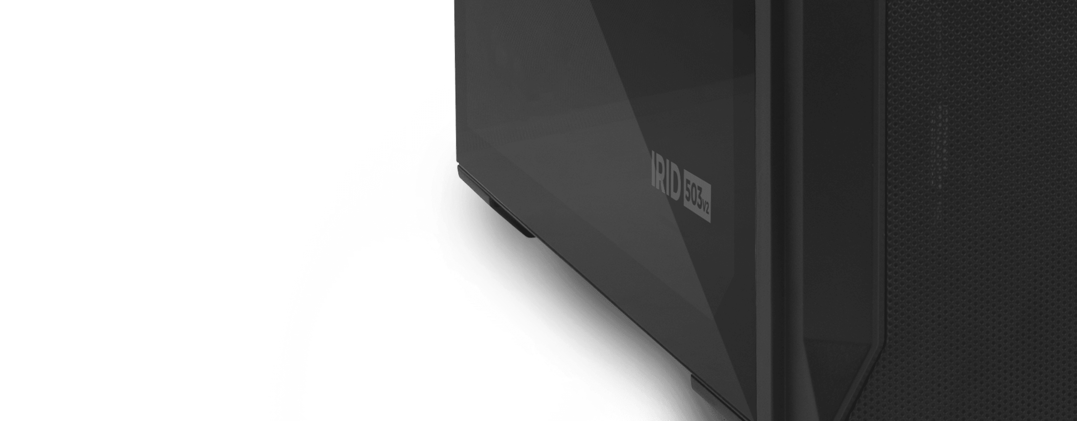 Schwarzes Genesis Irid 503 V2 MATX Mini-Tower-Gehäuse mit transparentem Seitenteil, das moderne Designelemente präsentiert