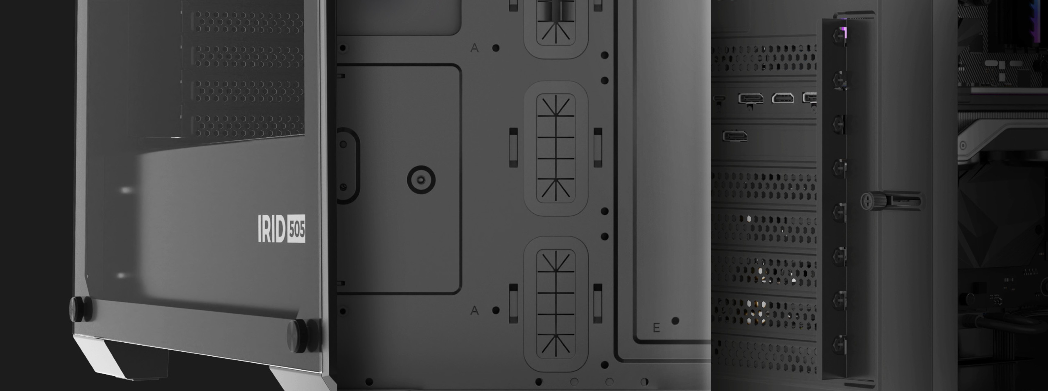 Schwarzes Genesis IRID 505F Midi-Tower-Gehäuse mit transparentem Seitenteil, das die Anschlüsse und das Kabelmanagement zeigt